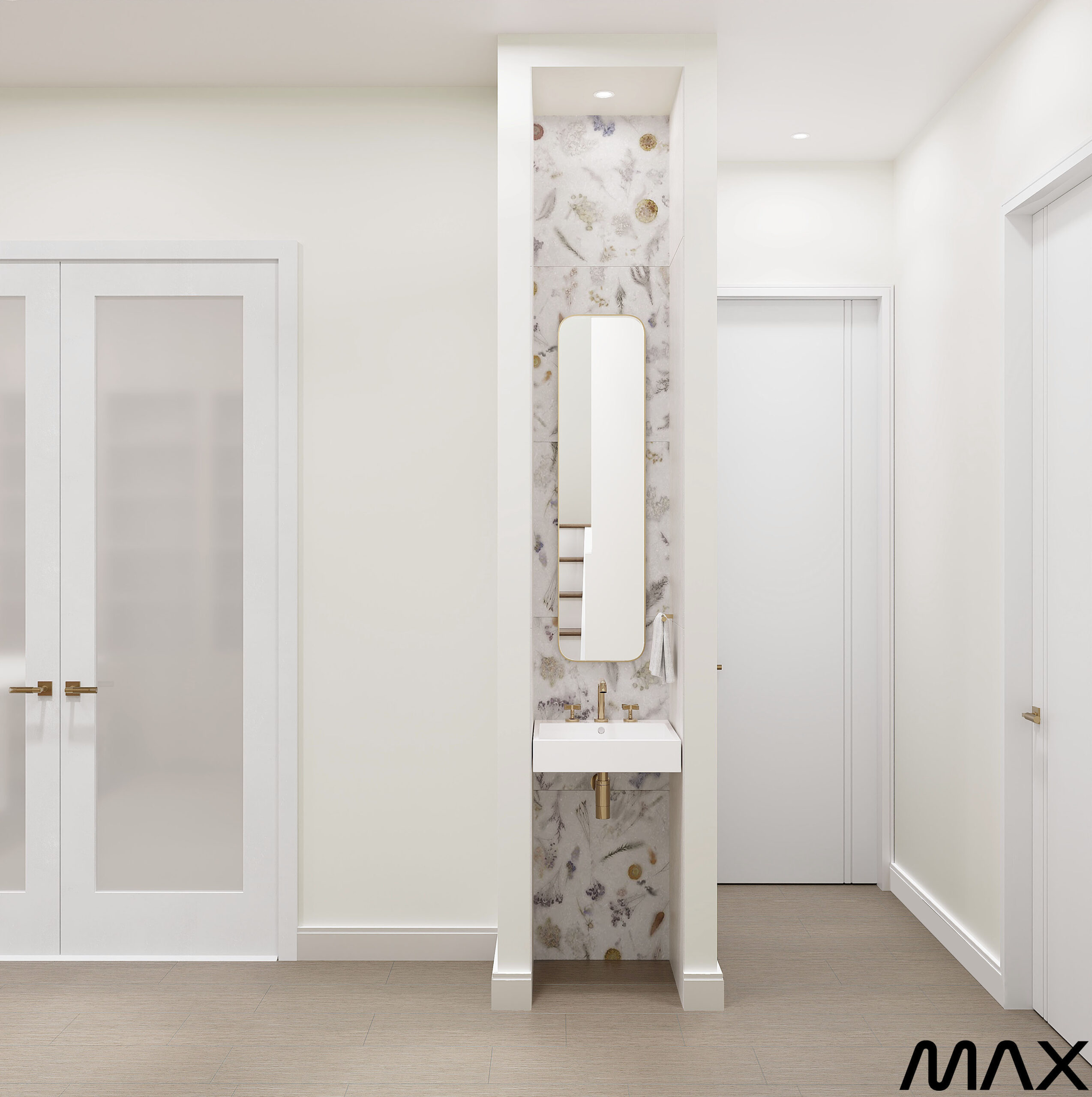 Modern hallway with mirror and closed doors.