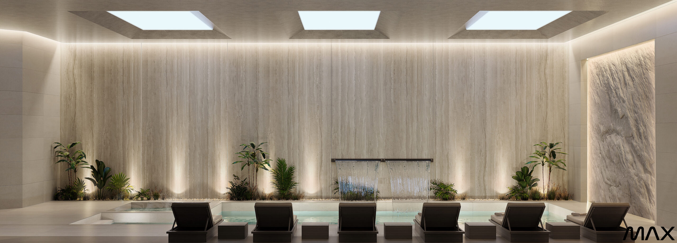 Modern indoor pool with lounge chairs.