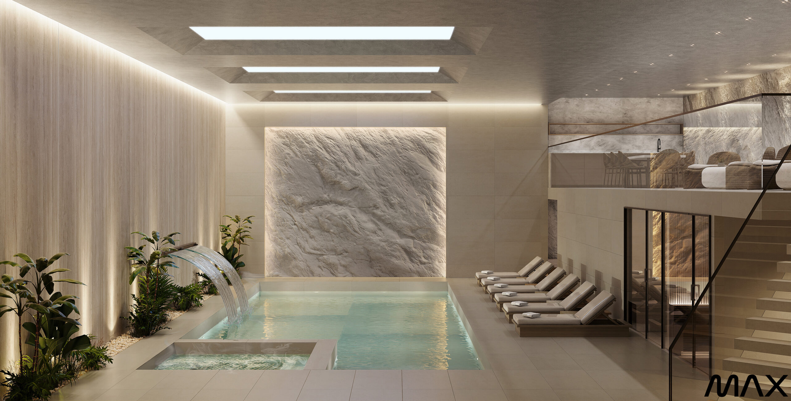 Luxurious indoor pool with lounge chairs.