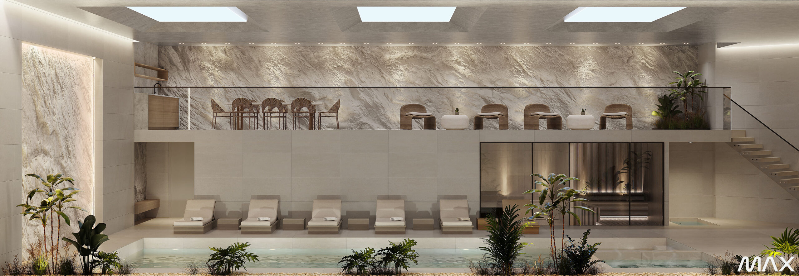 Luxurious indoor pool with lounge chairs.