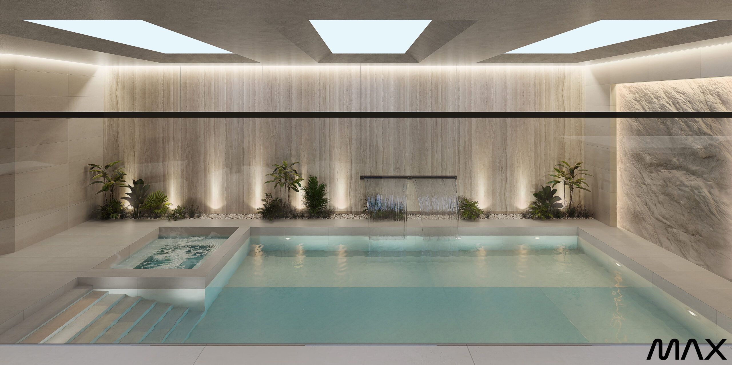 Indoor pool with waterfall and plants.