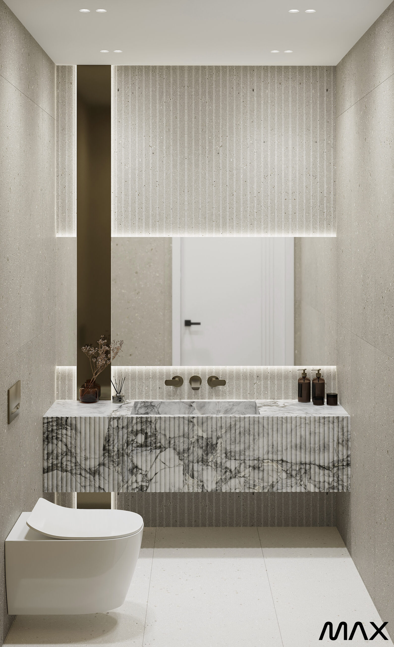 Modern minimalist bathroom with marble sink.