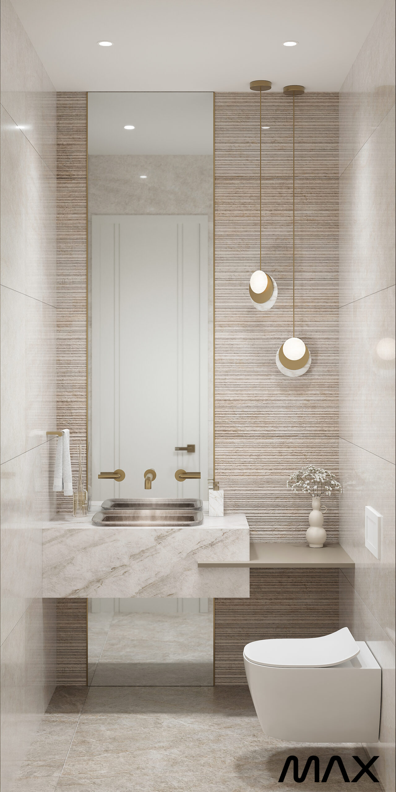 Modern bathroom with beige tiles and fixtures.