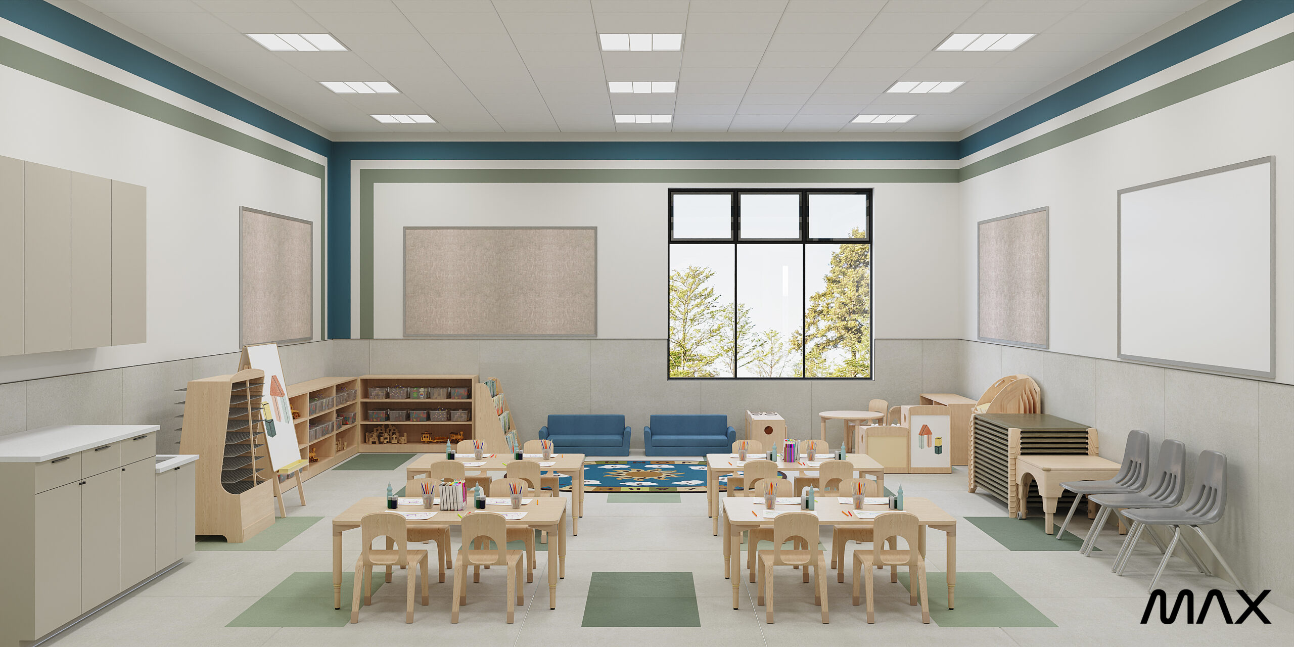 Classroom with tables, chairs, and educational materials.