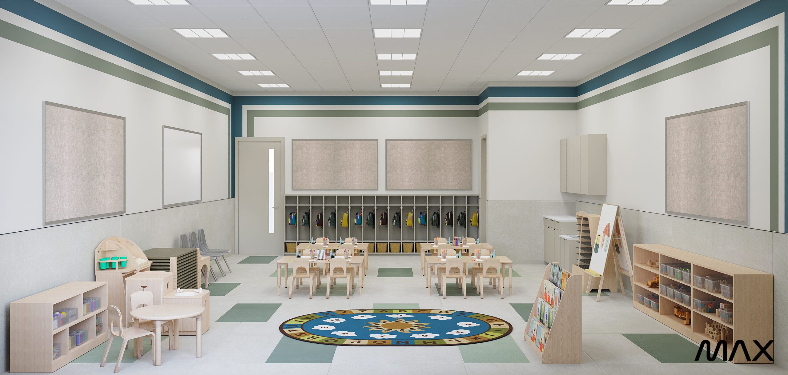 Classroom with tables, chairs, and colorful rug.