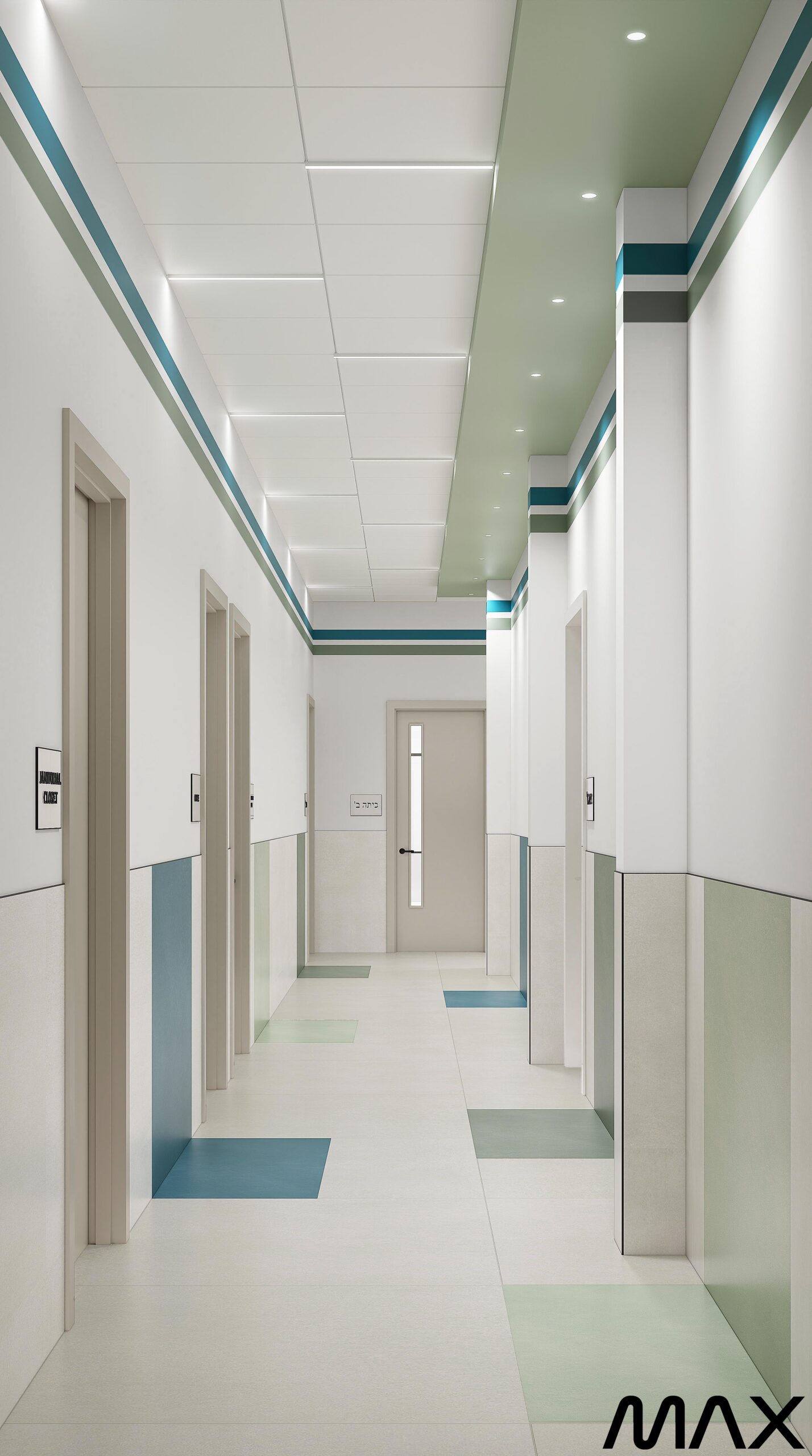 Modern hospital corridor with overhead lights.