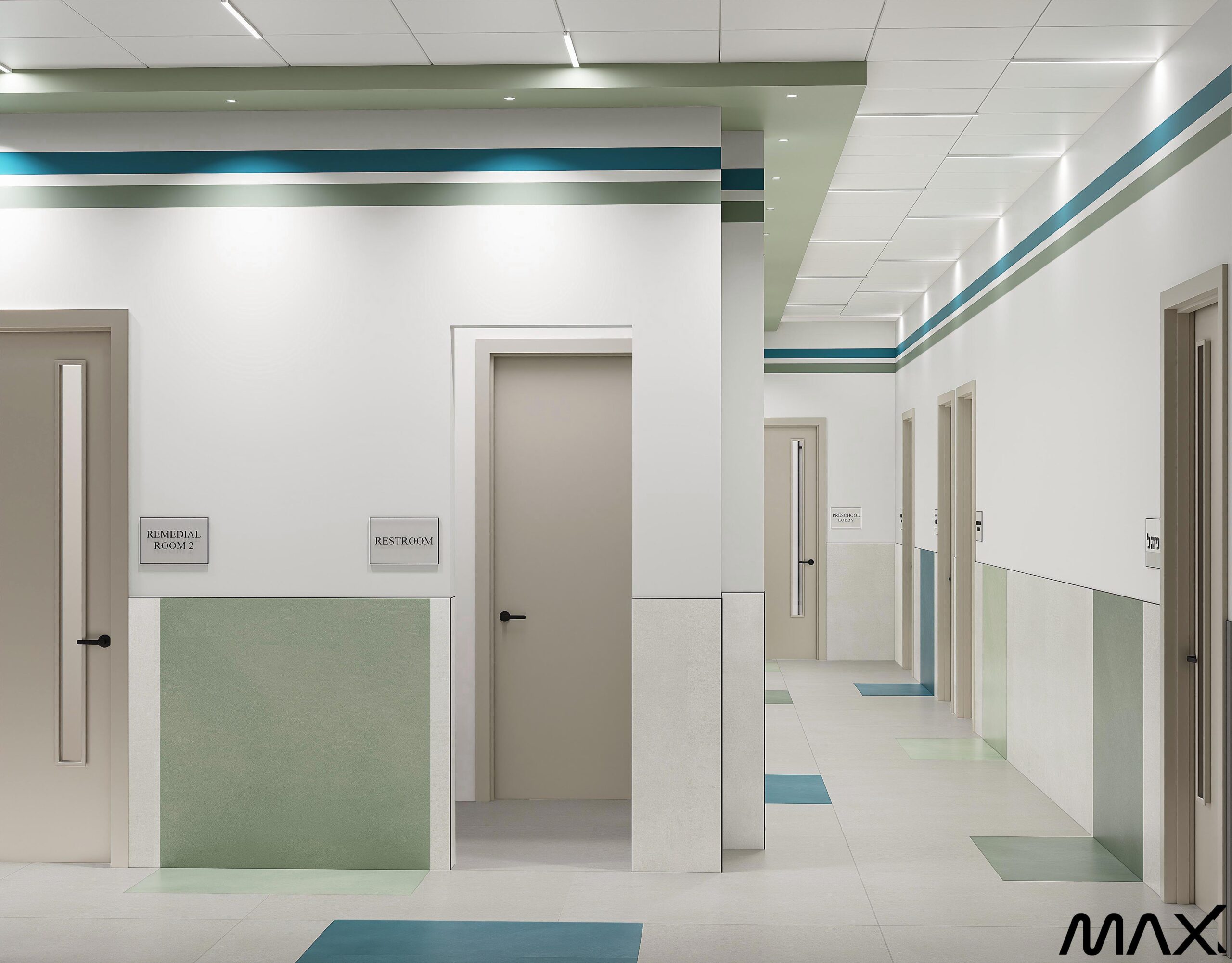 Modern hospital corridor with closed doors.