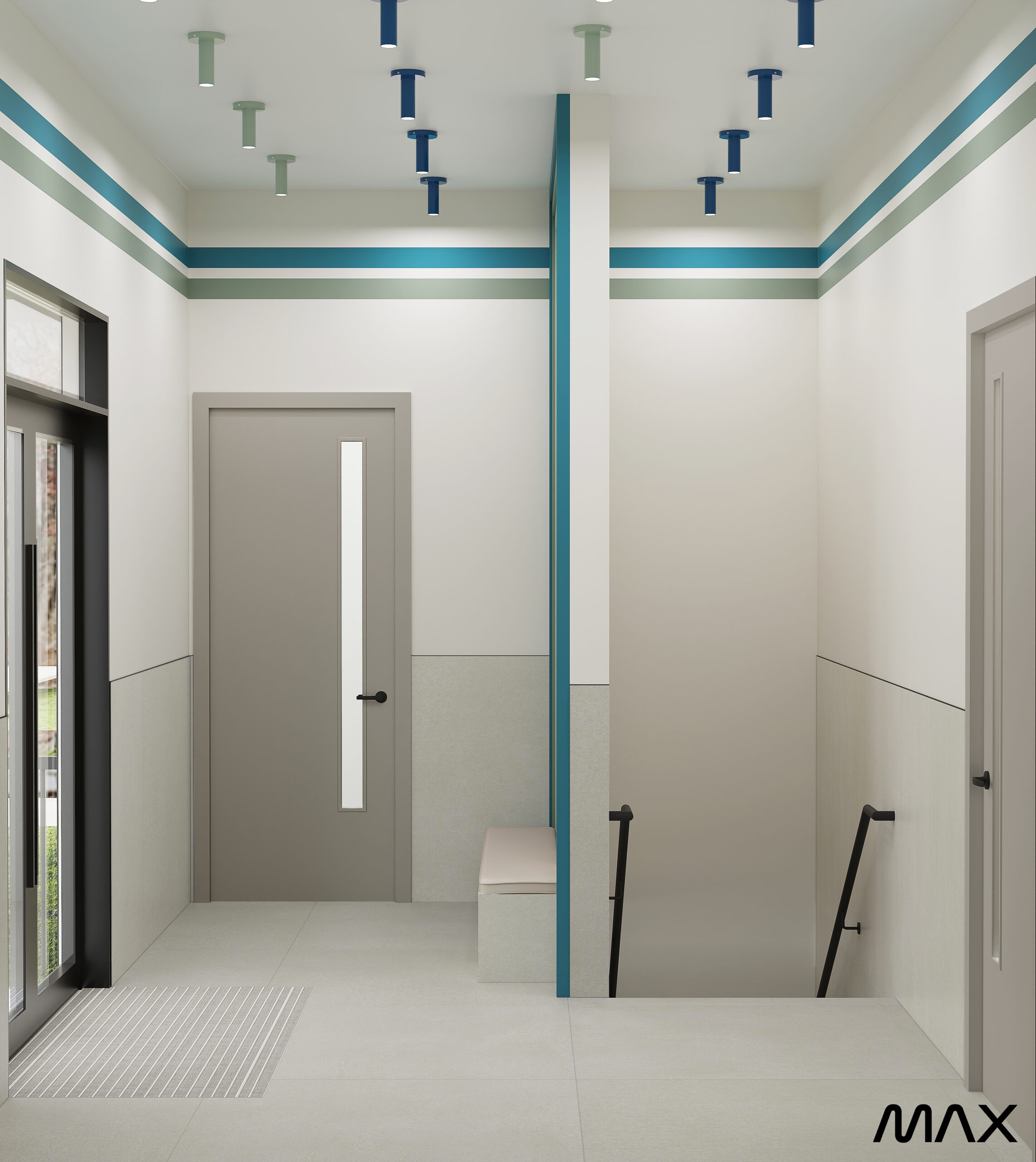 Modern interior with stairs and doors.