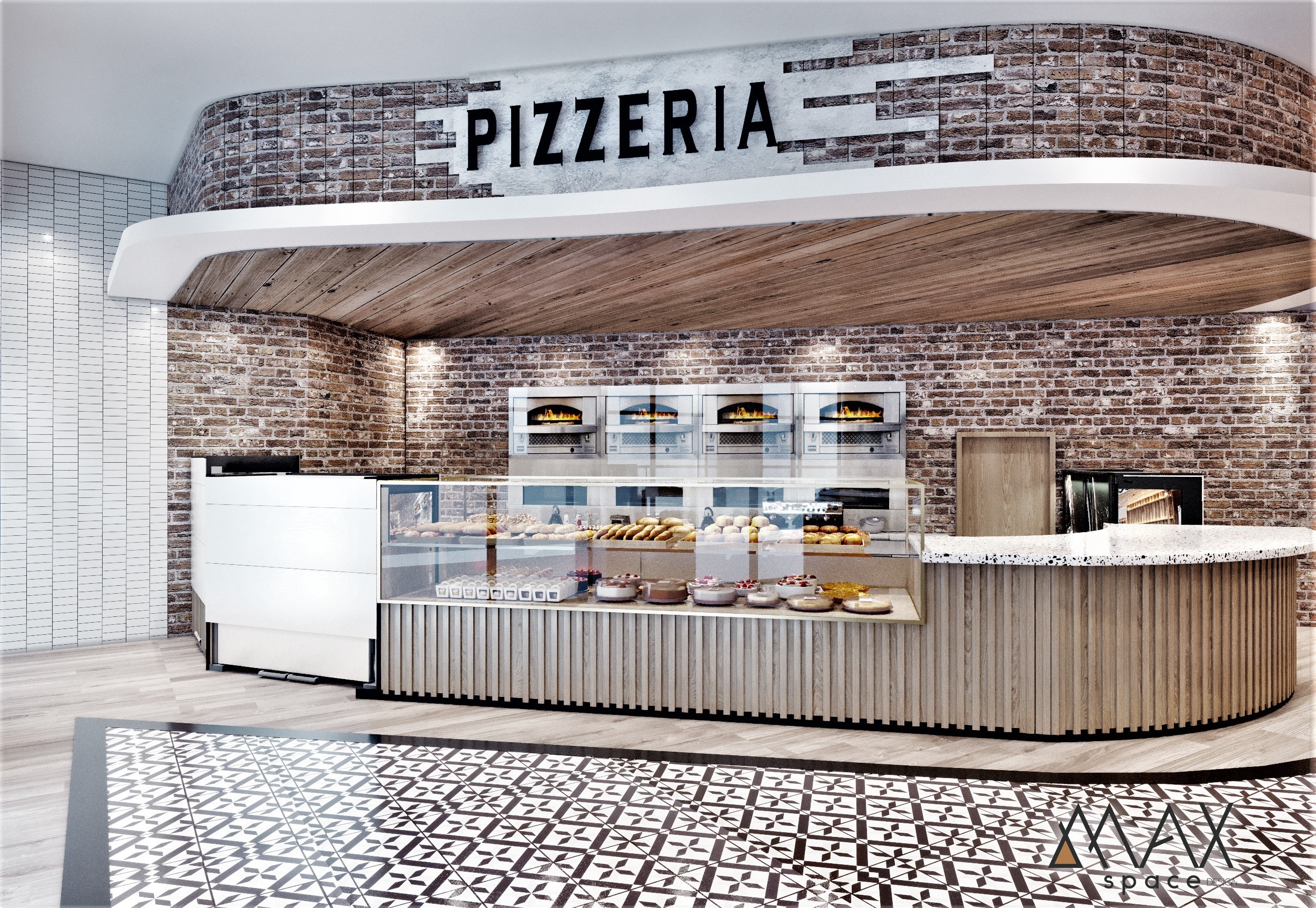 Modern pizzeria interior with brick walls.