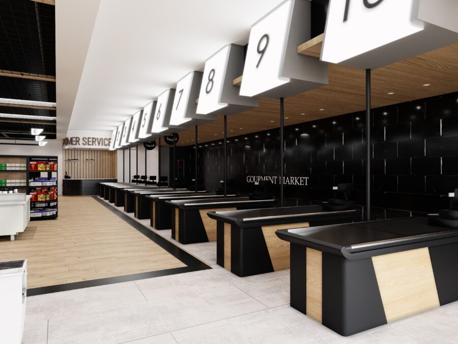 Empty supermarket checkout lanes with numbered signs.