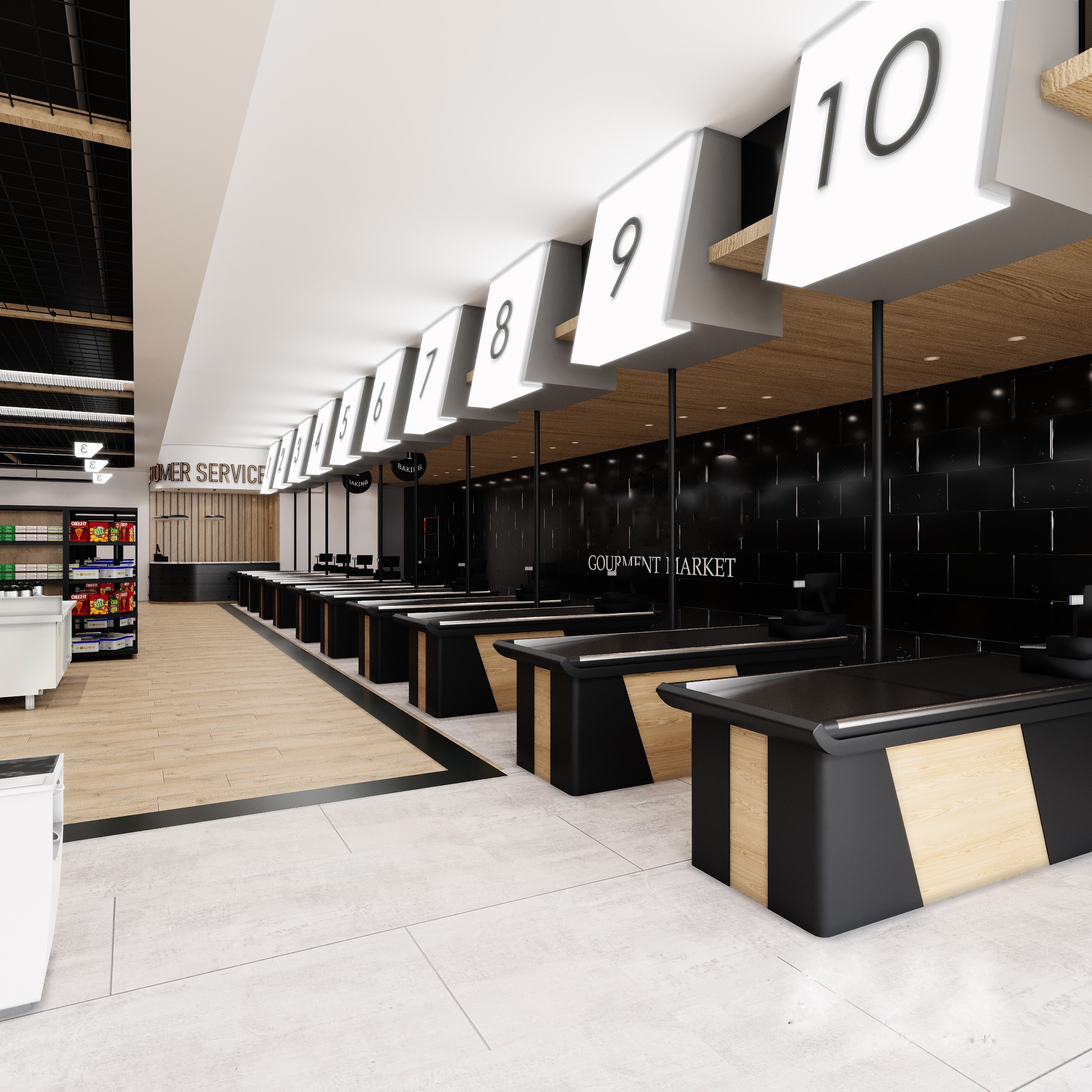 Empty supermarket checkout lanes with numbered signs.