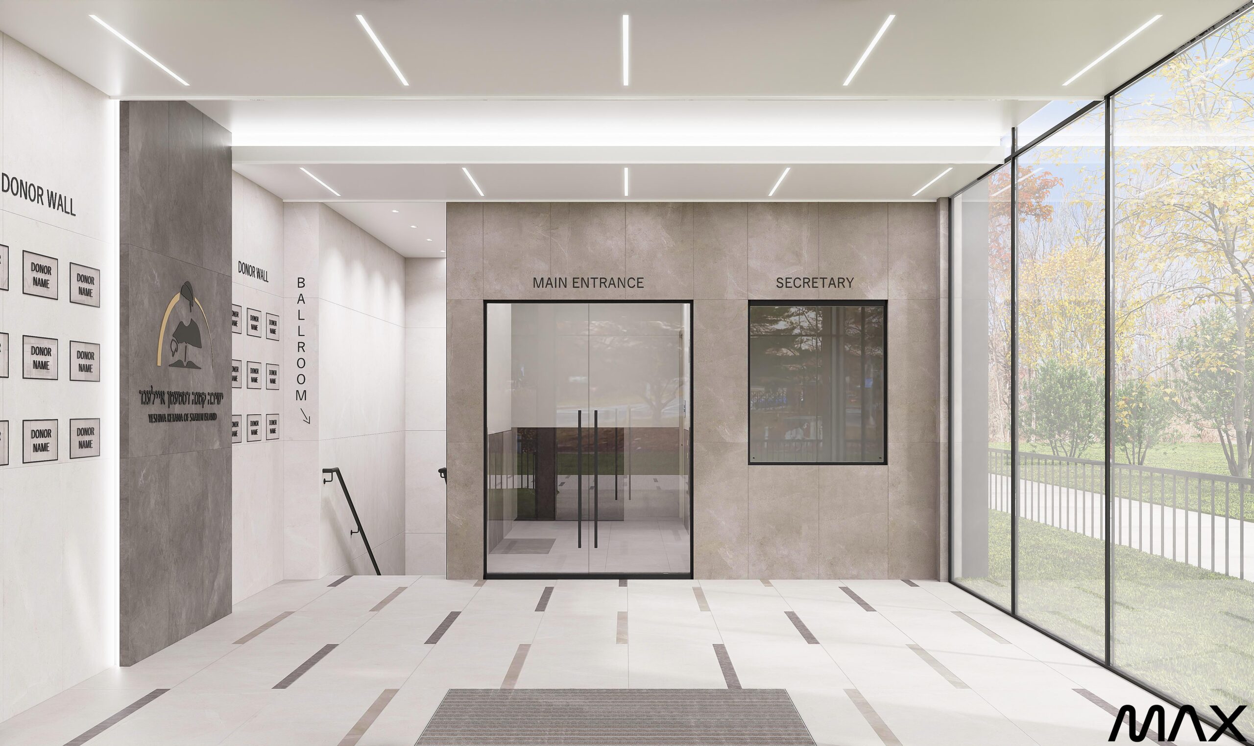 Modern office lobby with glass entrance doors.