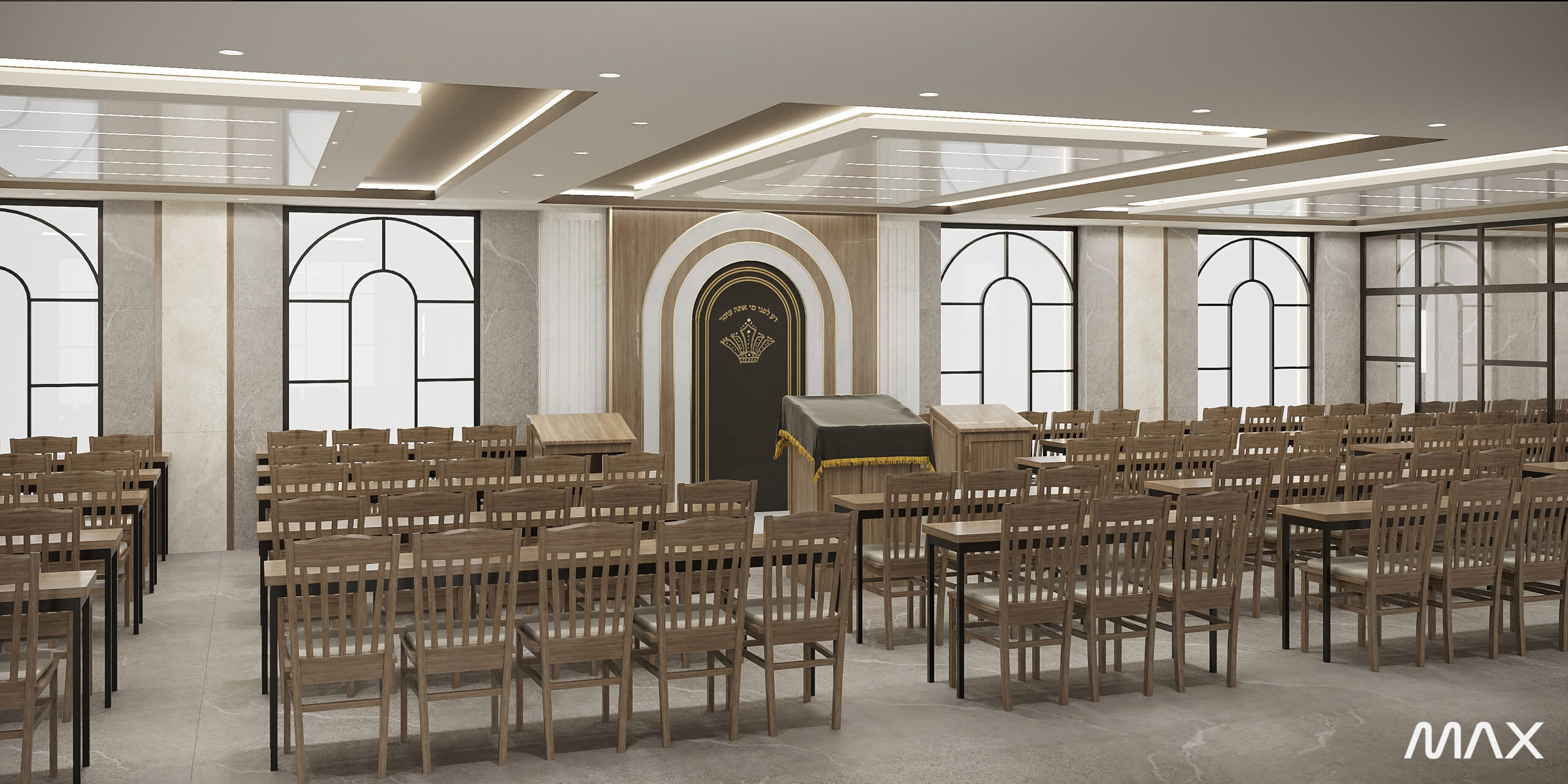 Synagogue interior with wooden chairs and ark.