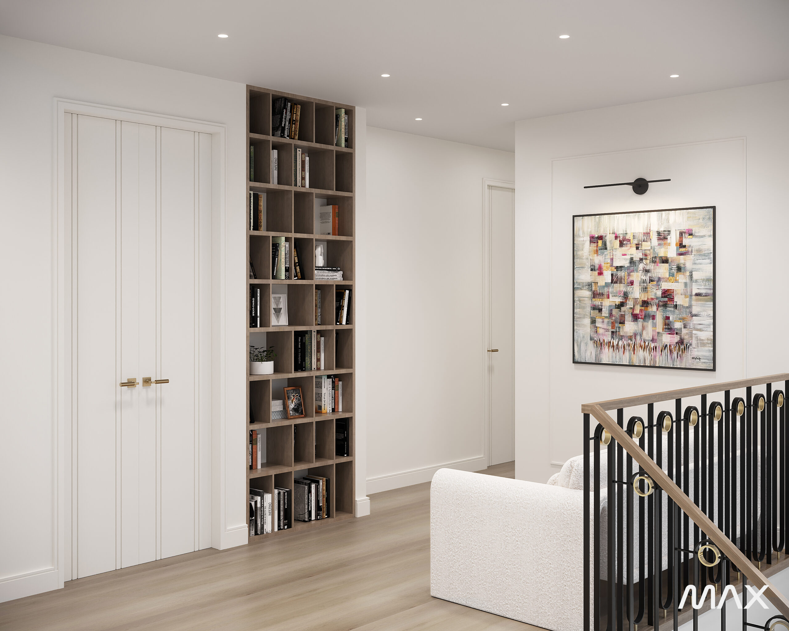 Modern hallway with bookshelf and abstract art.