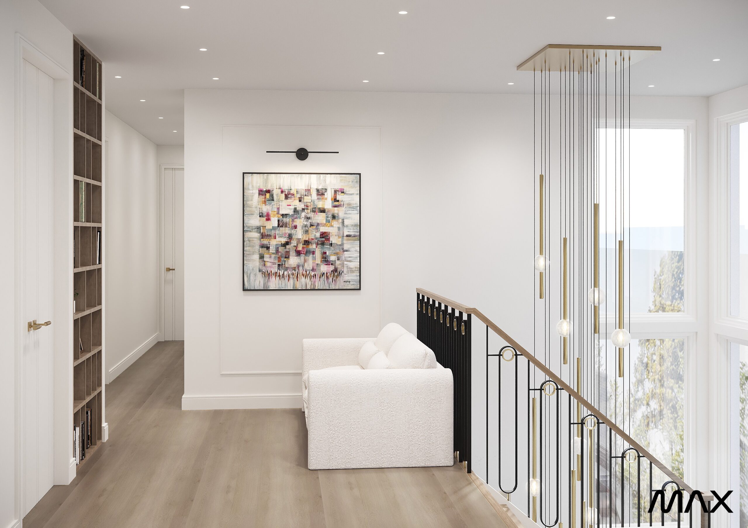 Modern hallway with abstract art and chandelier.