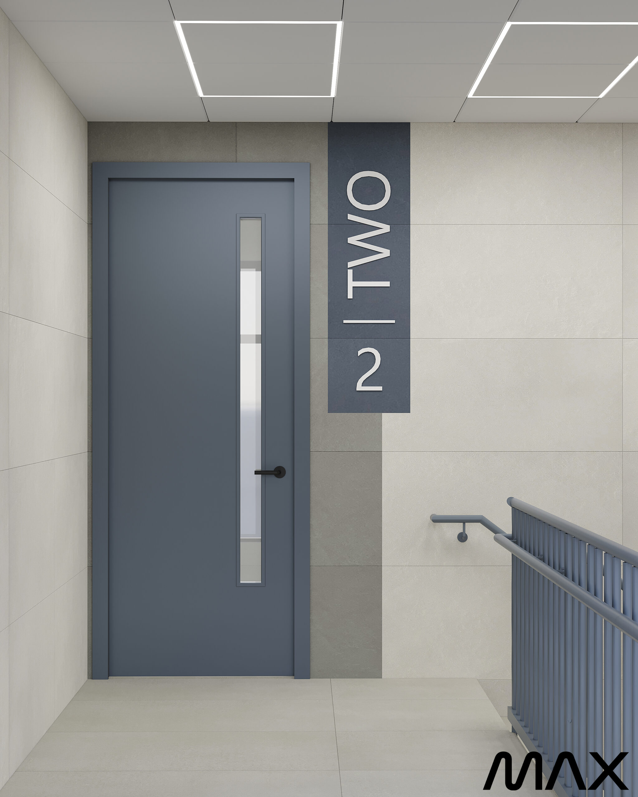 Blue door near staircase, floor two sign.