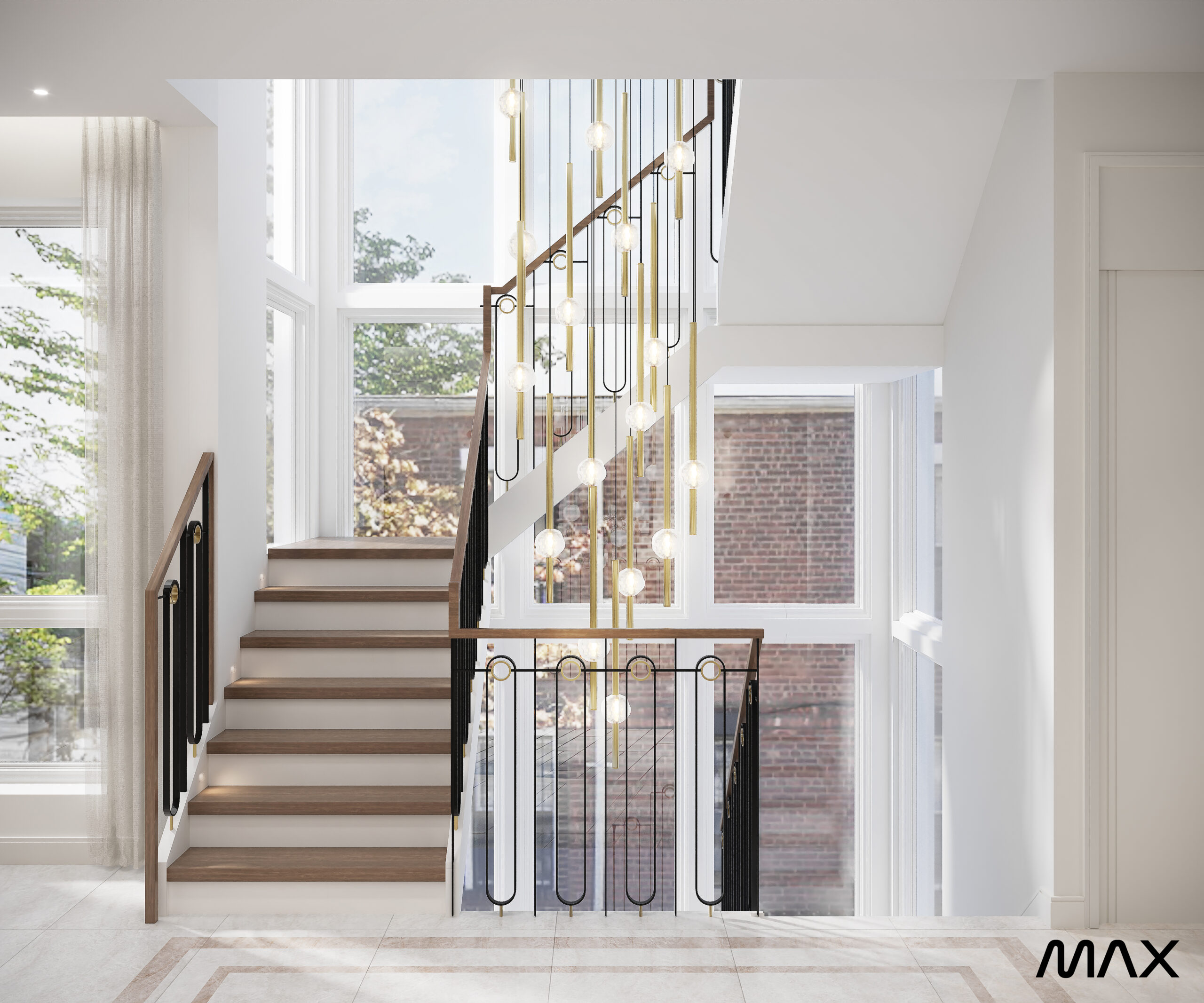 Modern staircase with large windows and lights.