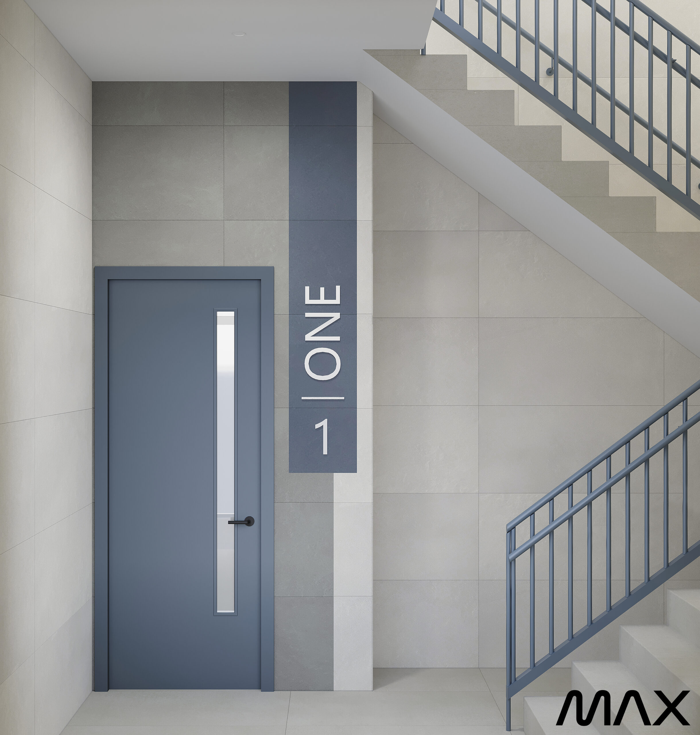 Stairwell with blue door and sign "ONE".