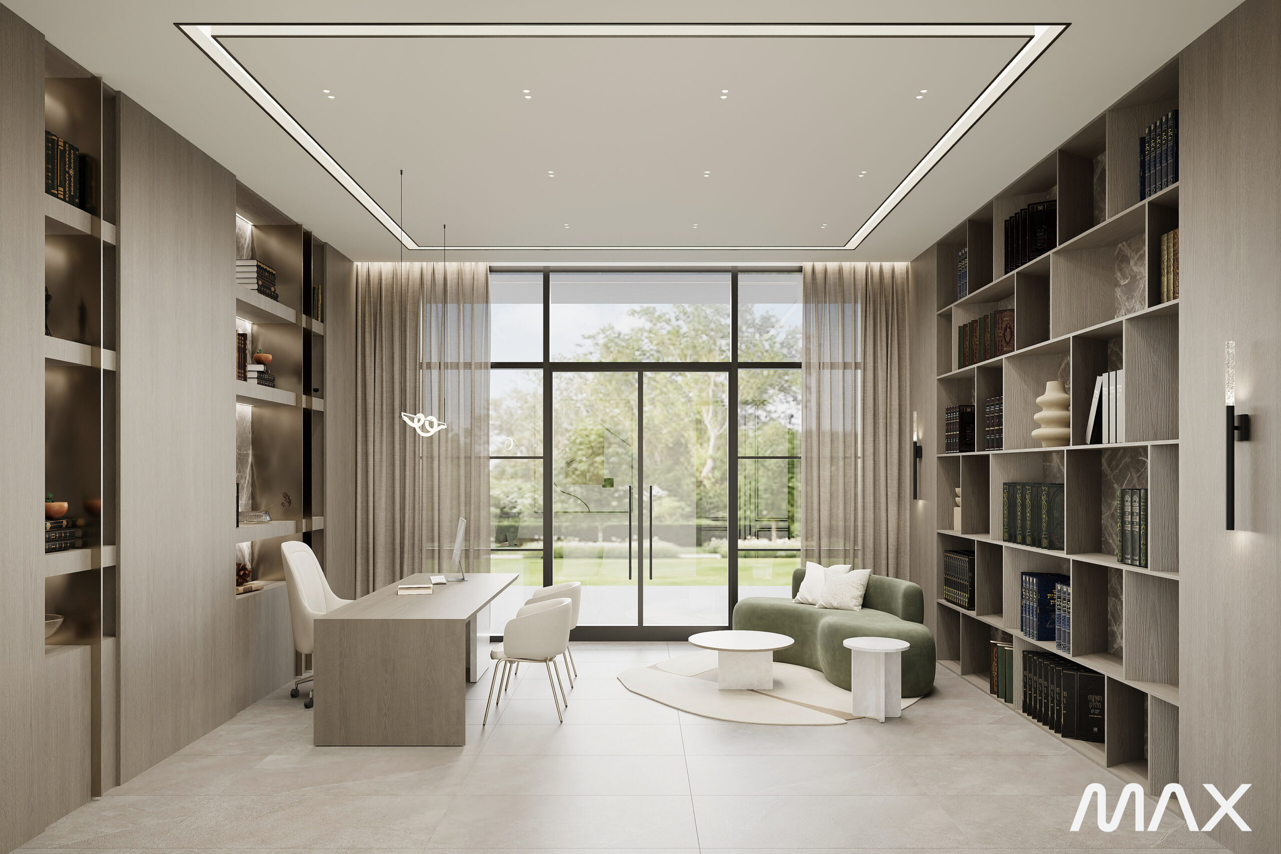 Modern home office with large window view.
