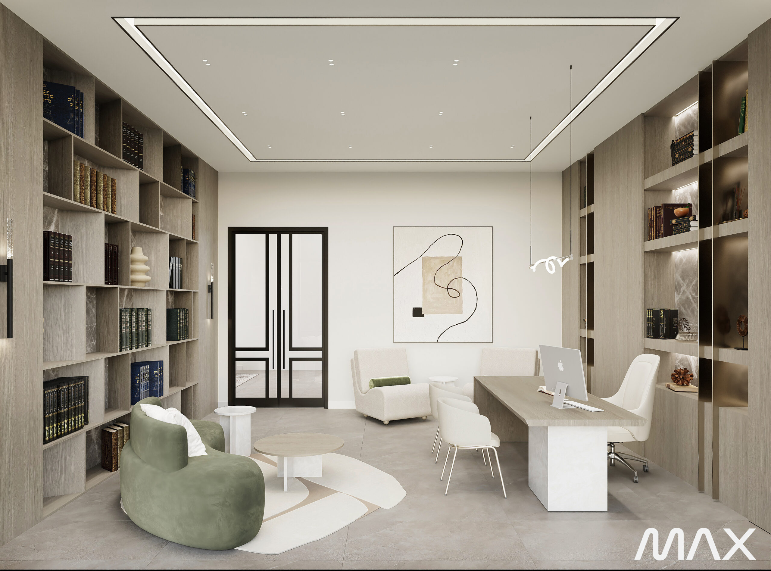 Modern office with shelves and minimalist decor.