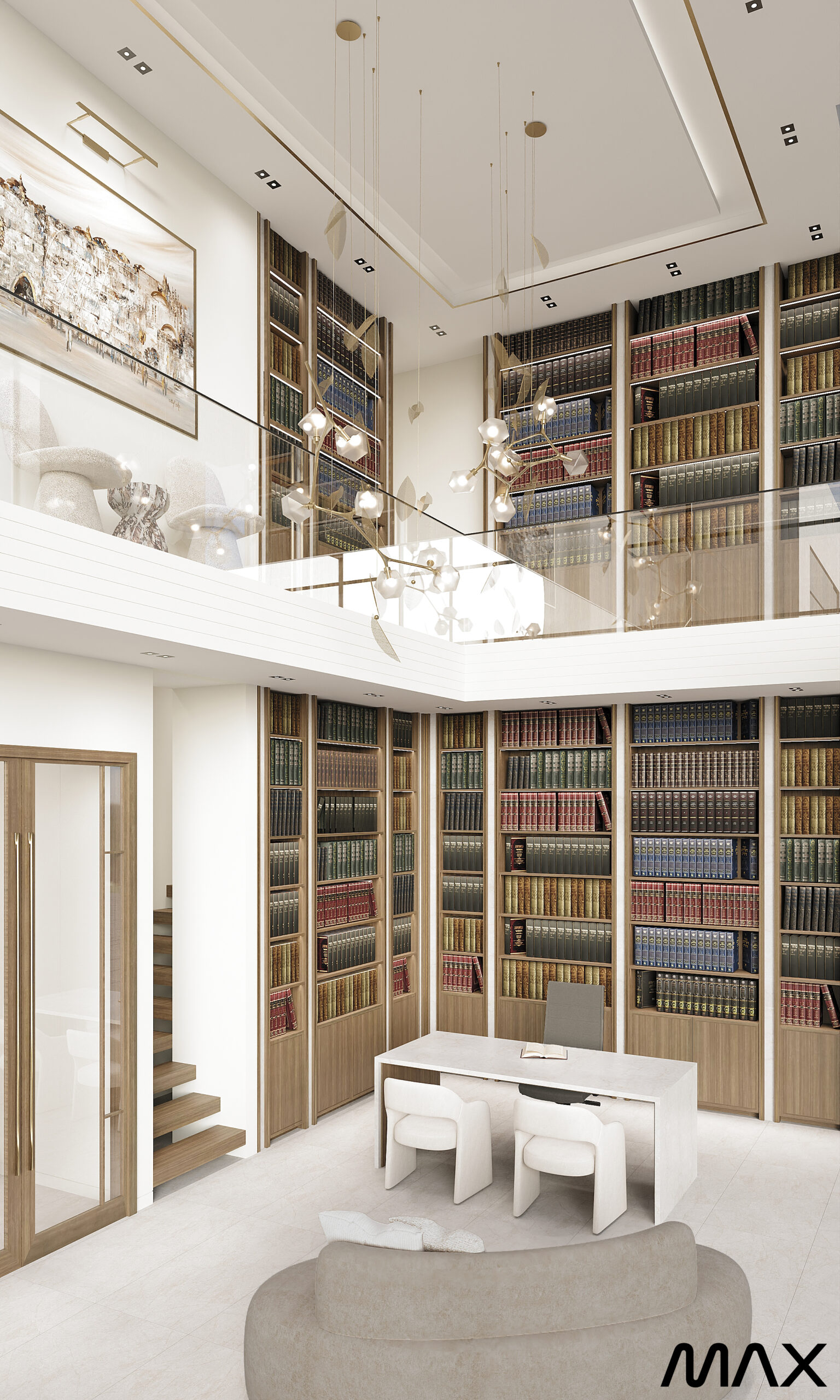 Modern library with tall bookshelves and desk.