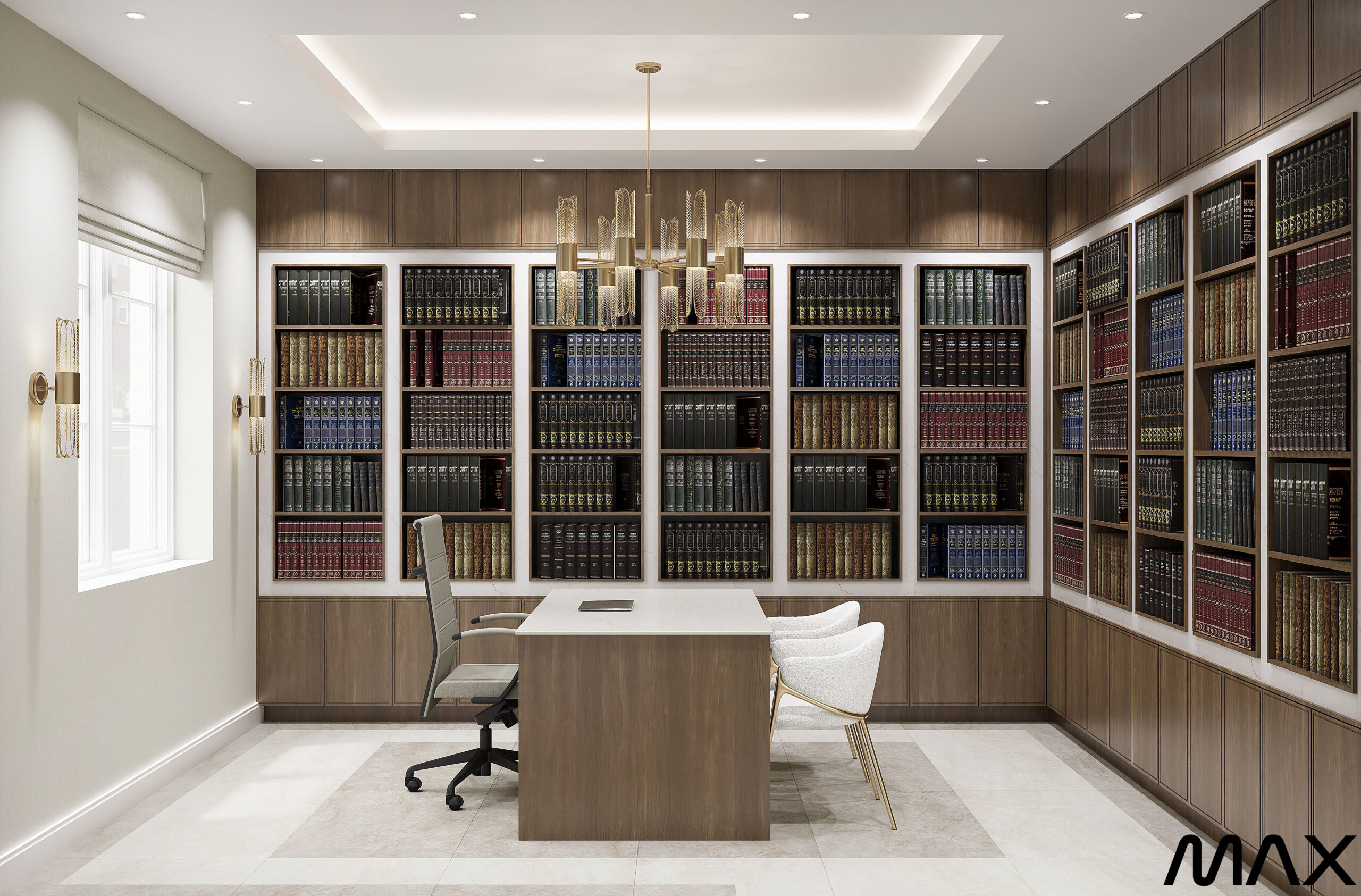 Modern office with bookshelves and chandelier.