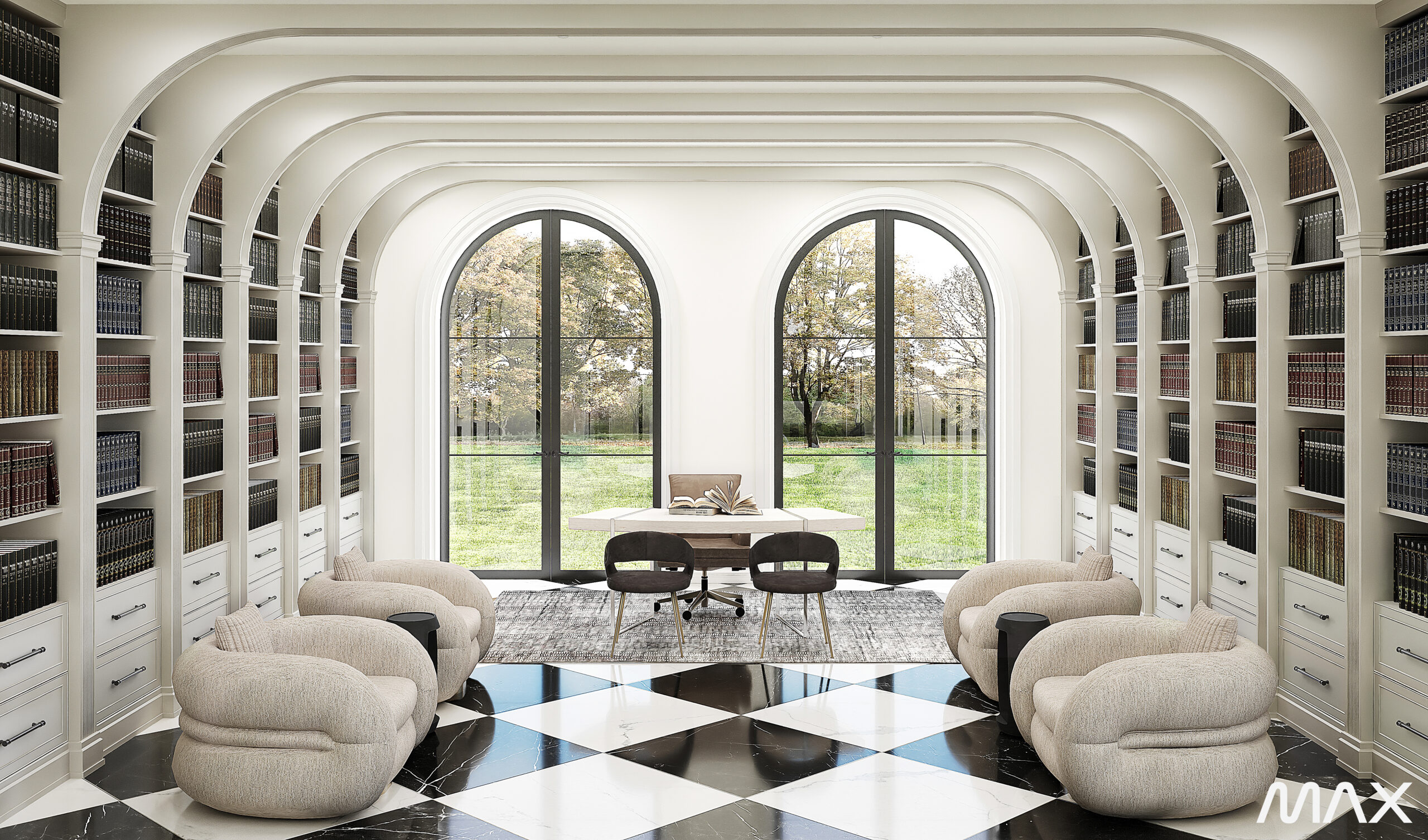Modern library with arched windows and chairs.