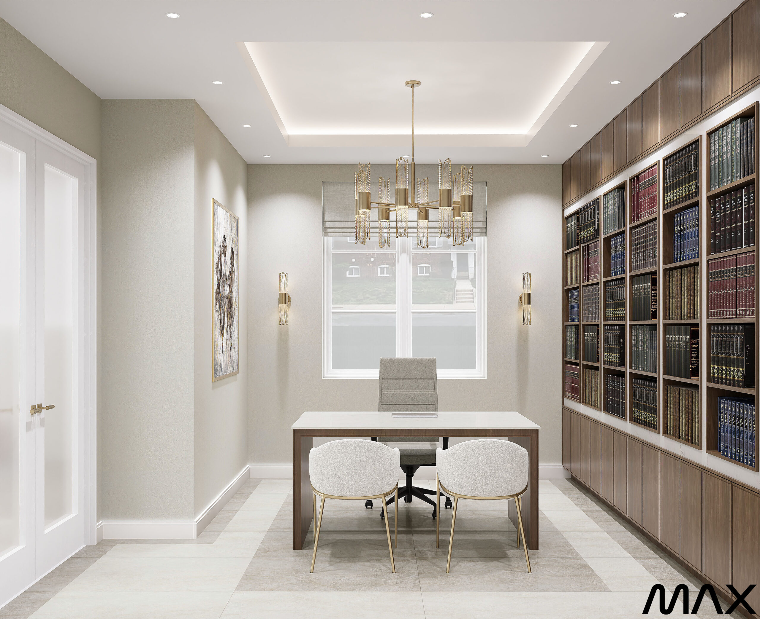 Modern office with bookshelf and chandelier.
