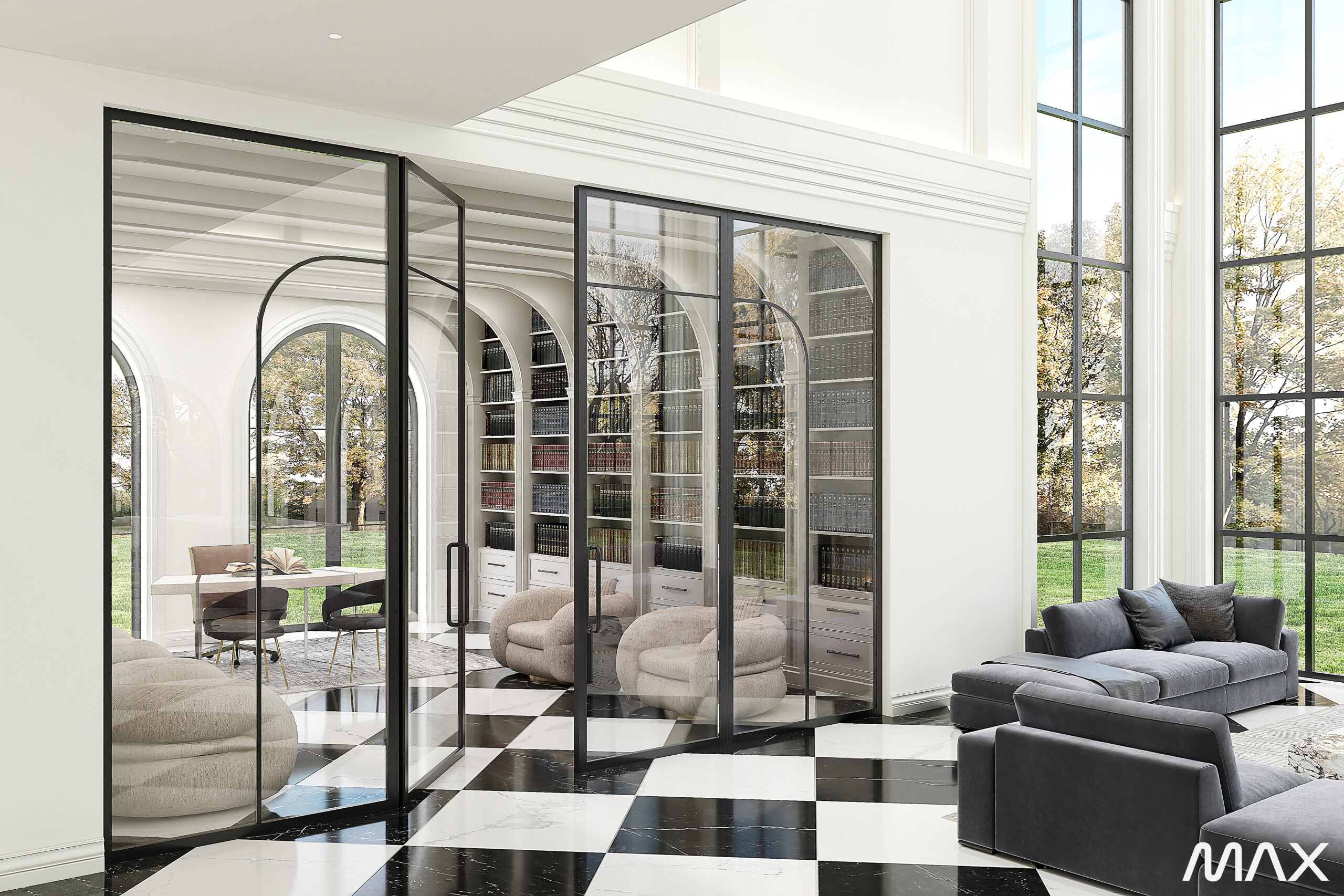 Modern living room with glass doors and sofas.