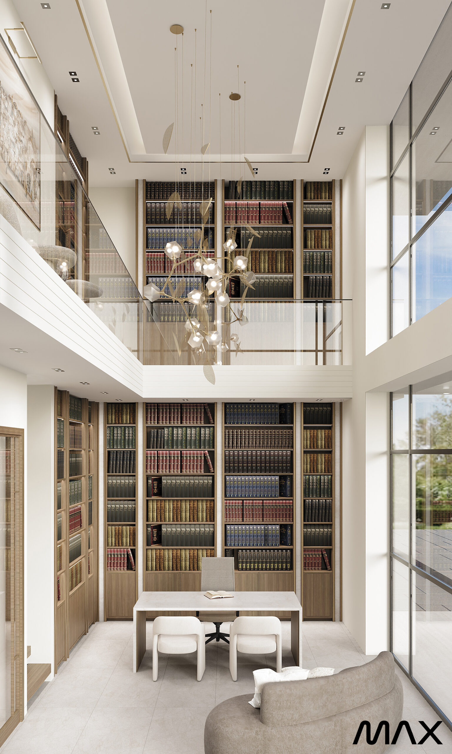 Modern double-height library with bookshelves and desk.