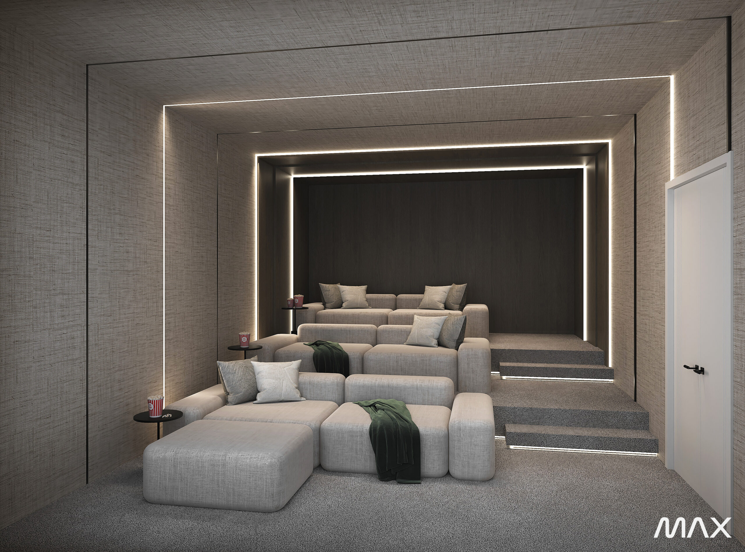 Modern home theater with tiered seating.
