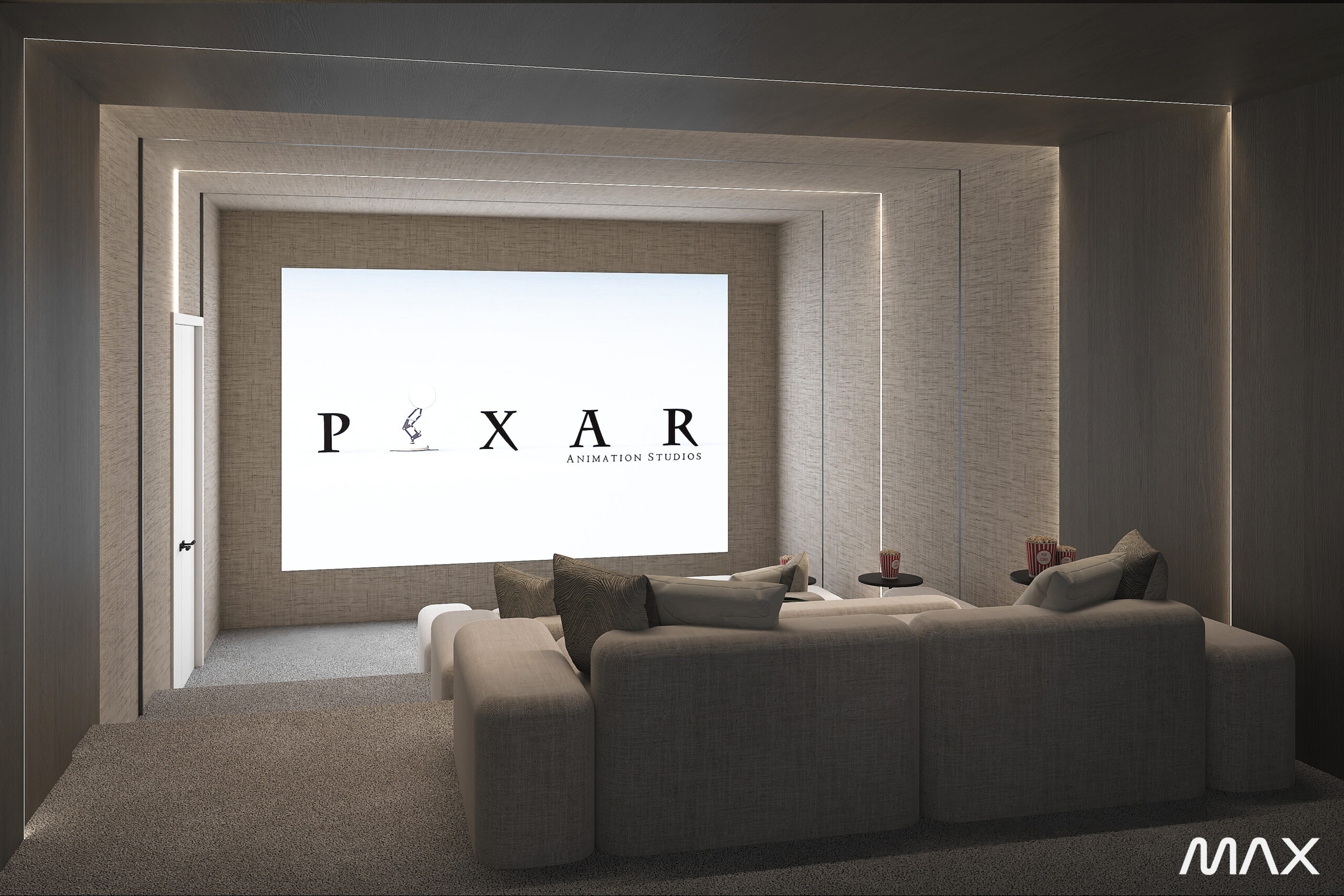 Home theater with Pixar logo on screen.