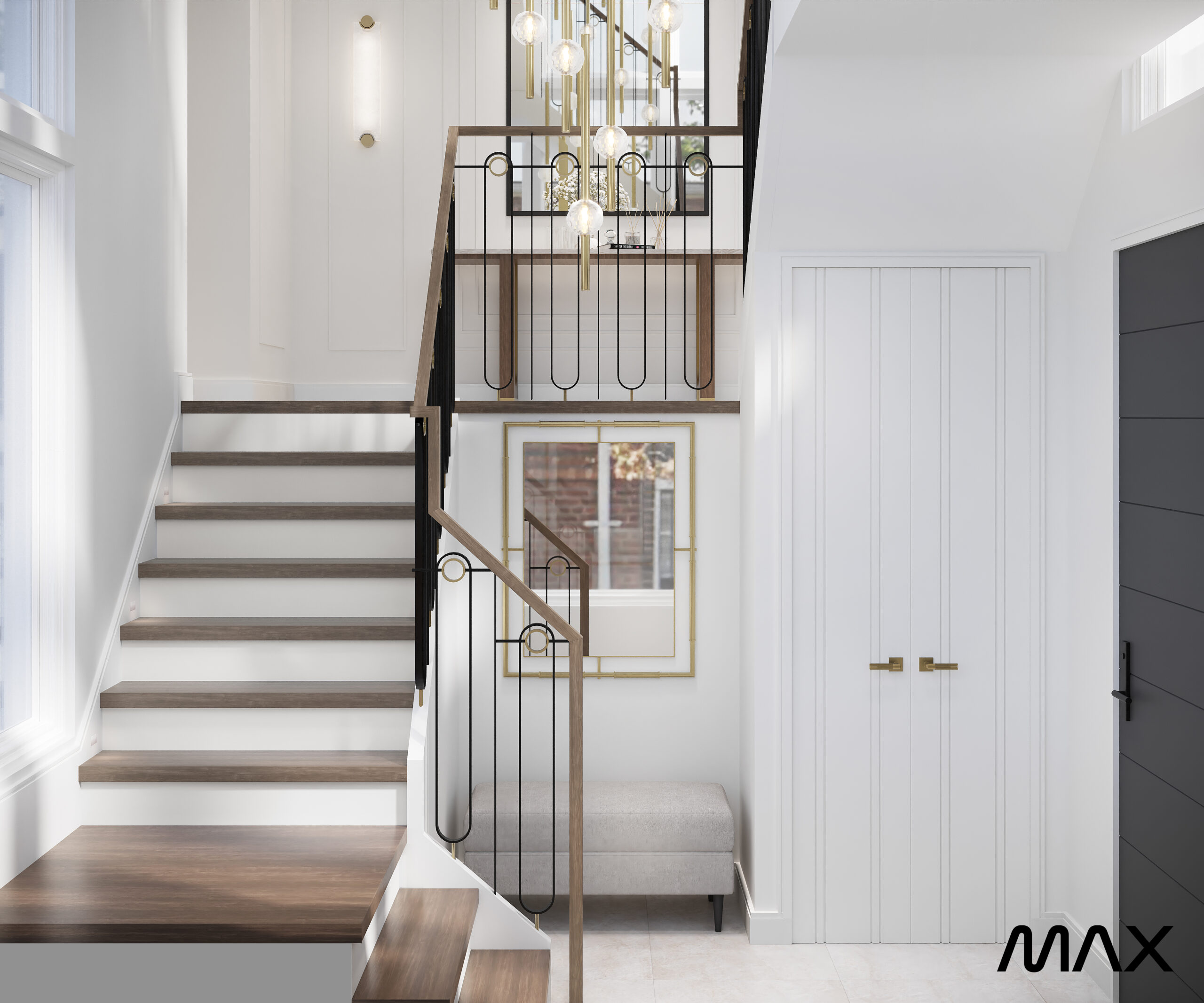 Modern staircase with chandelier and window.
