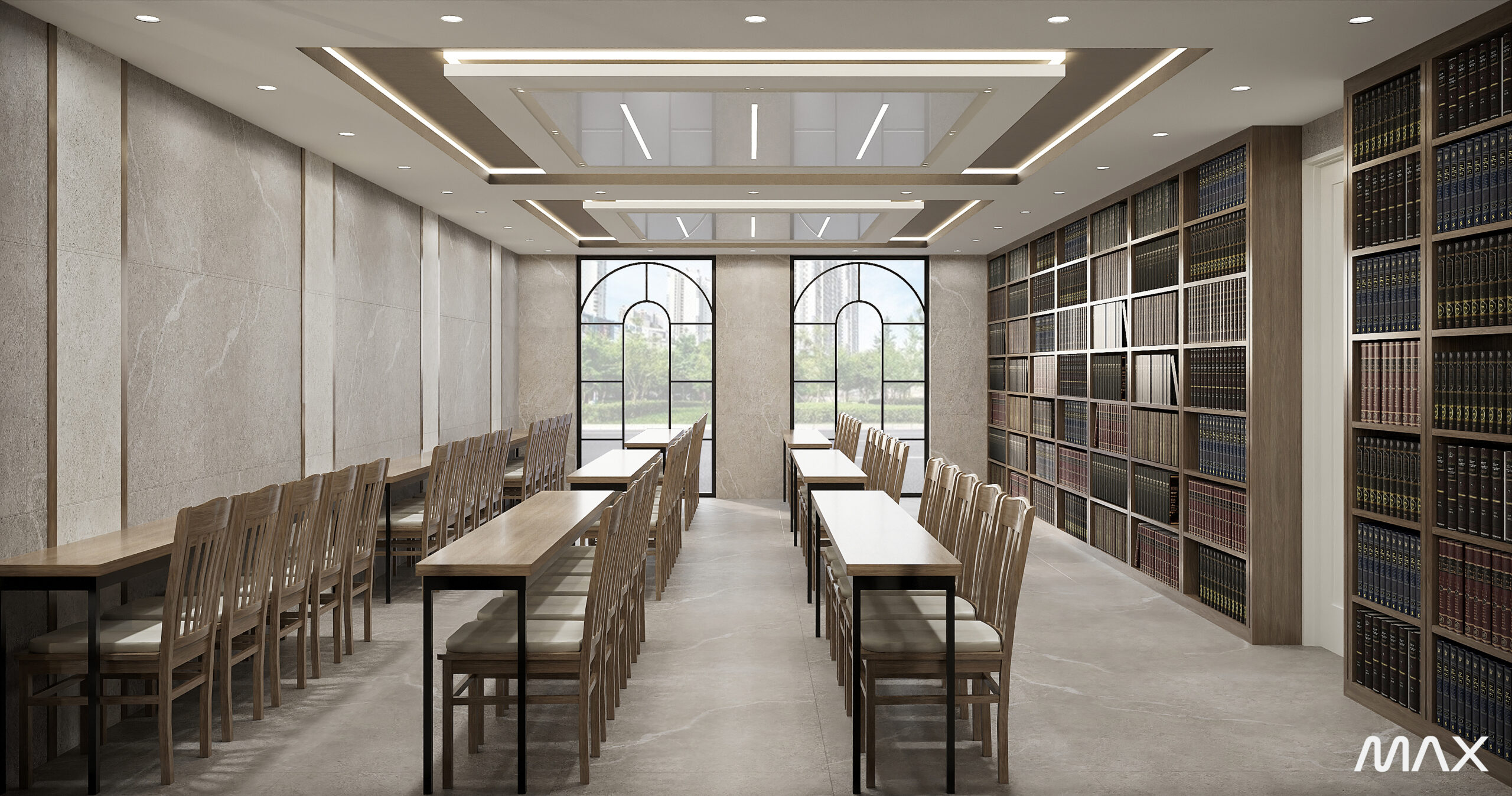 Modern library with wooden tables and bookshelves.