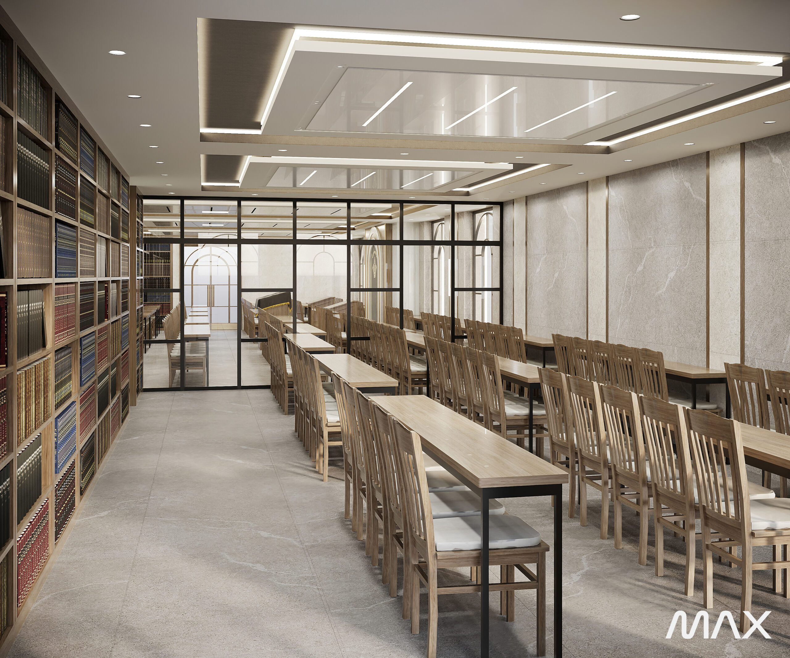 Modern library interior with wooden tables and chairs.