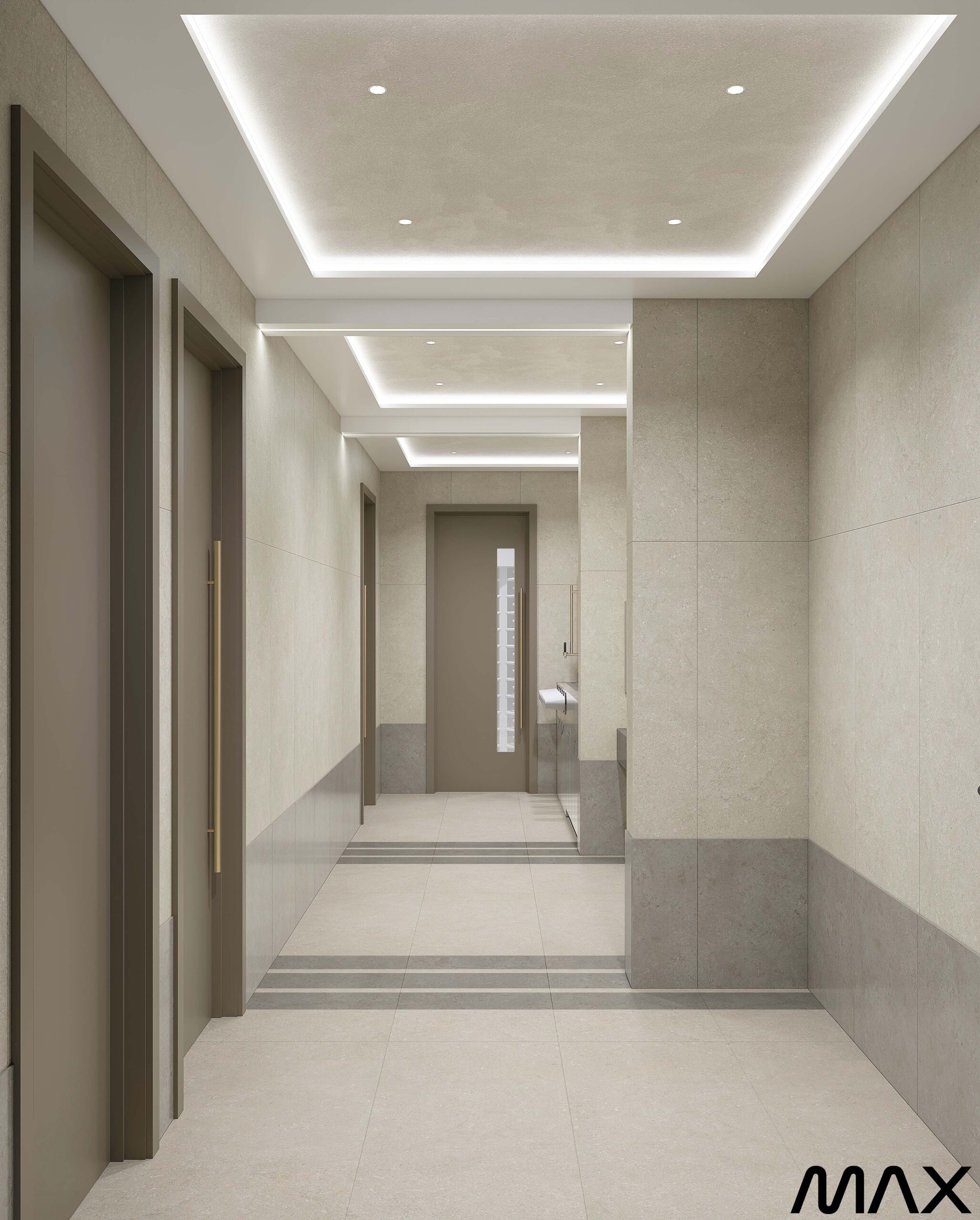 Modern hallway with recessed ceiling lights.
