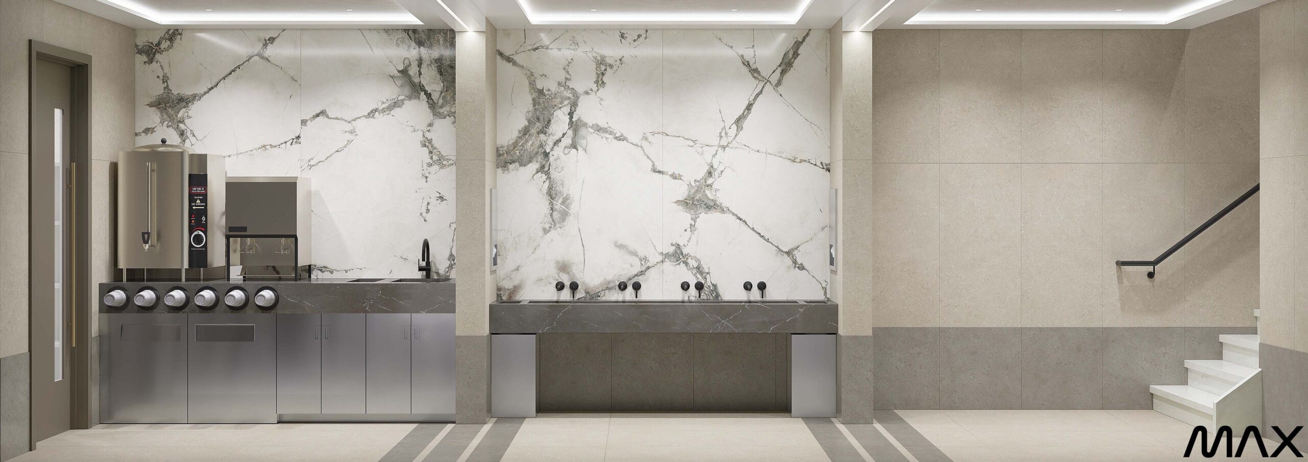 Modern kitchen with marble backsplash and stairs.