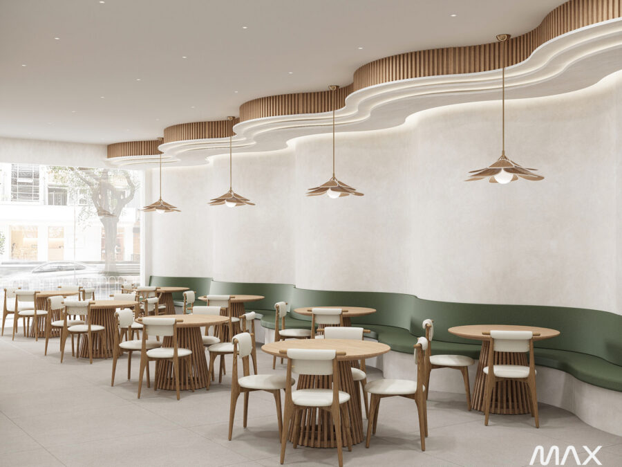 Modern cafe interior with wooden furniture.