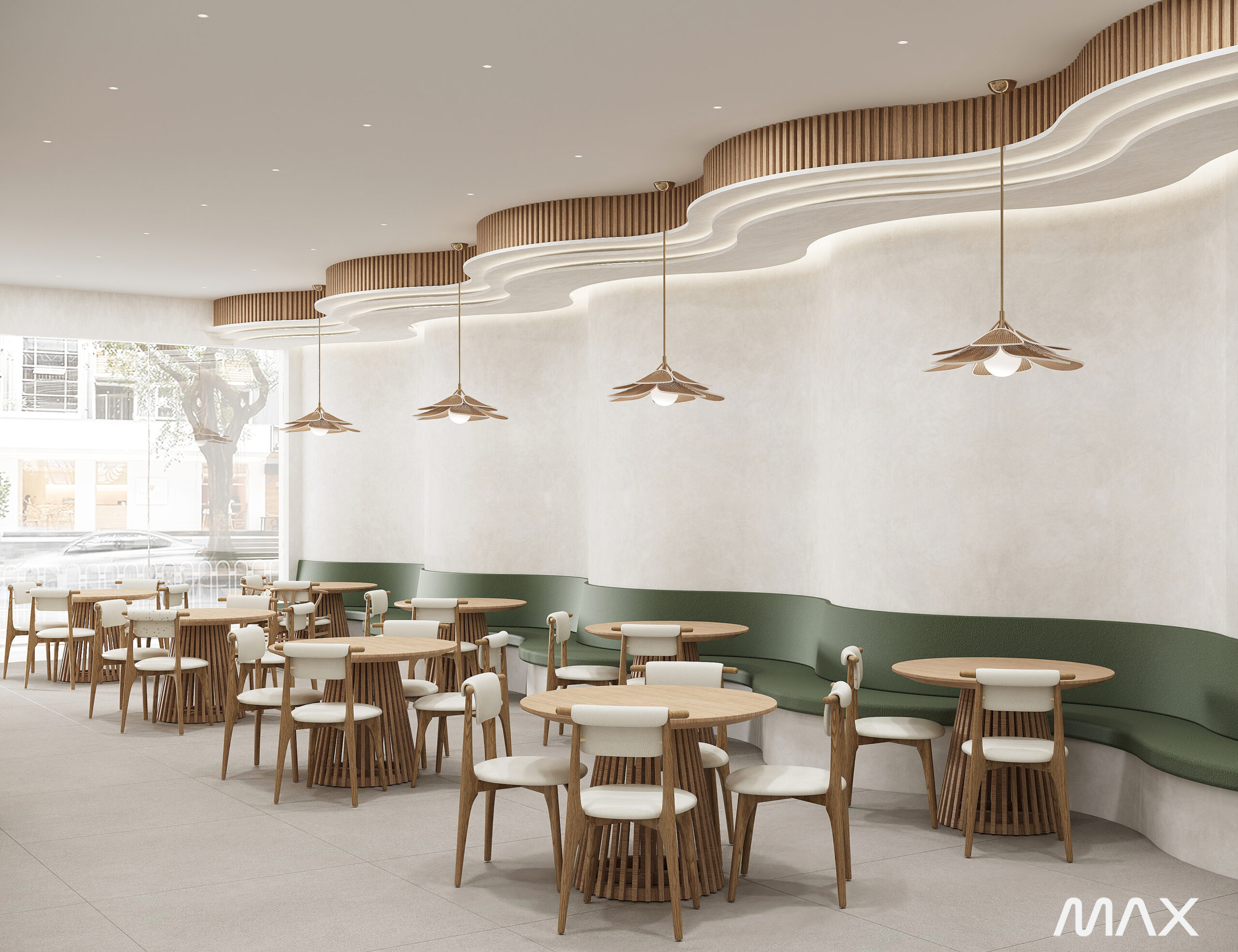 Modern cafe interior with wooden furniture.