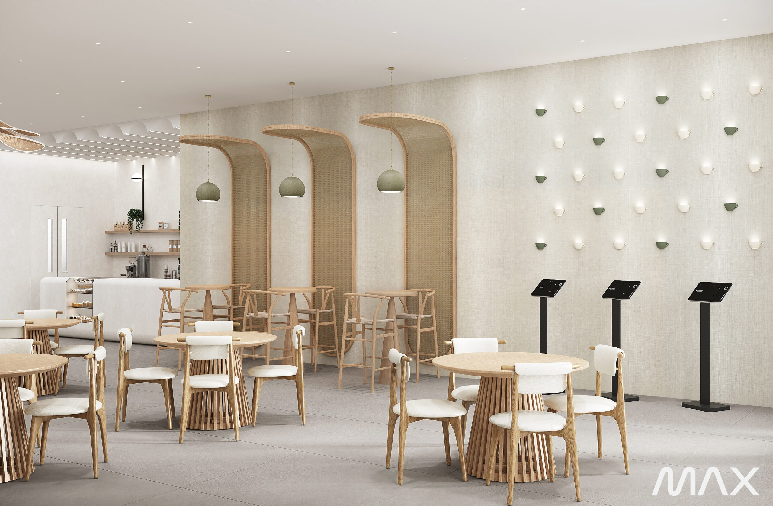 Modern minimalist restaurant interior with wooden furniture.
