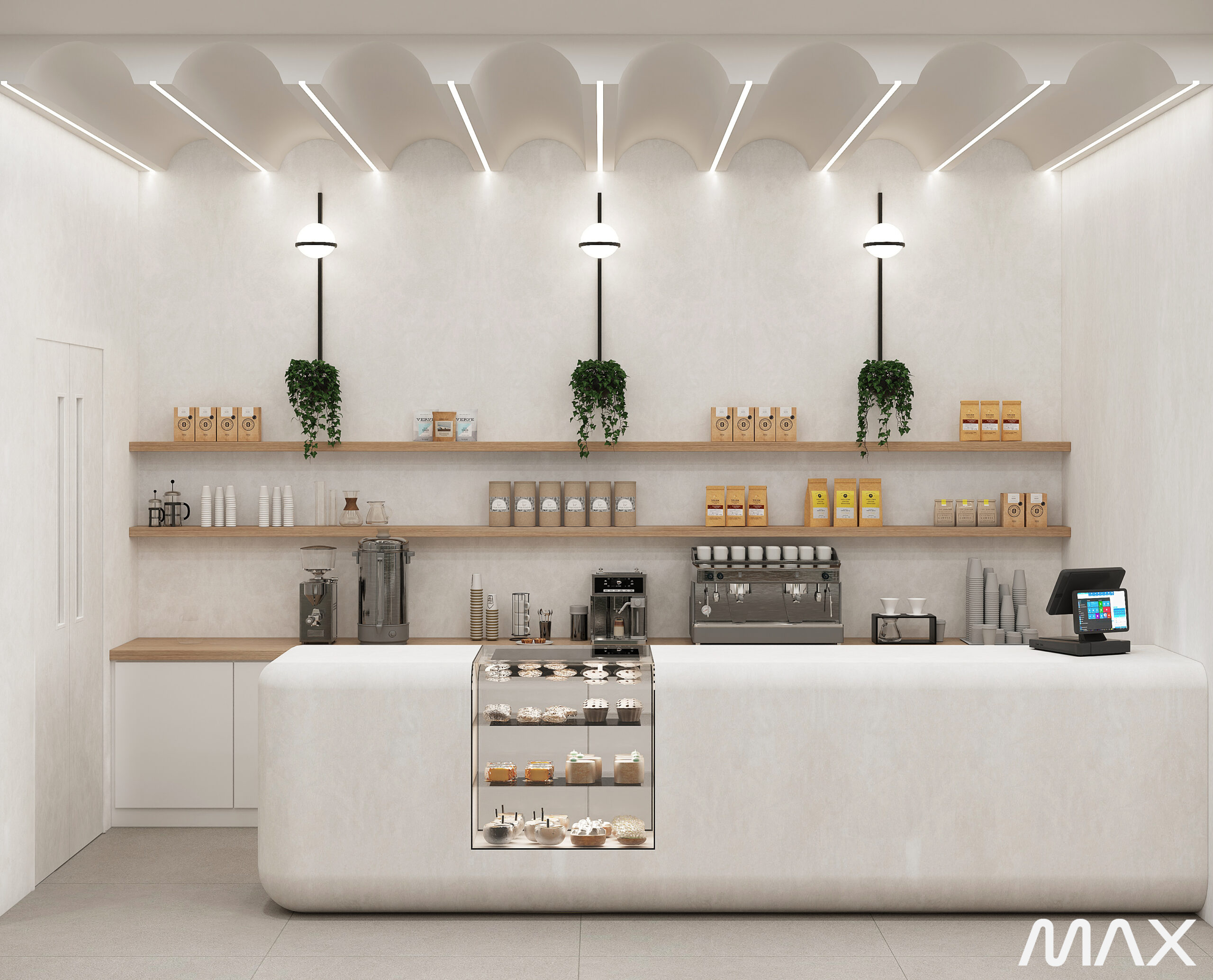 Minimalist coffee shop counter with shelves and plants.
