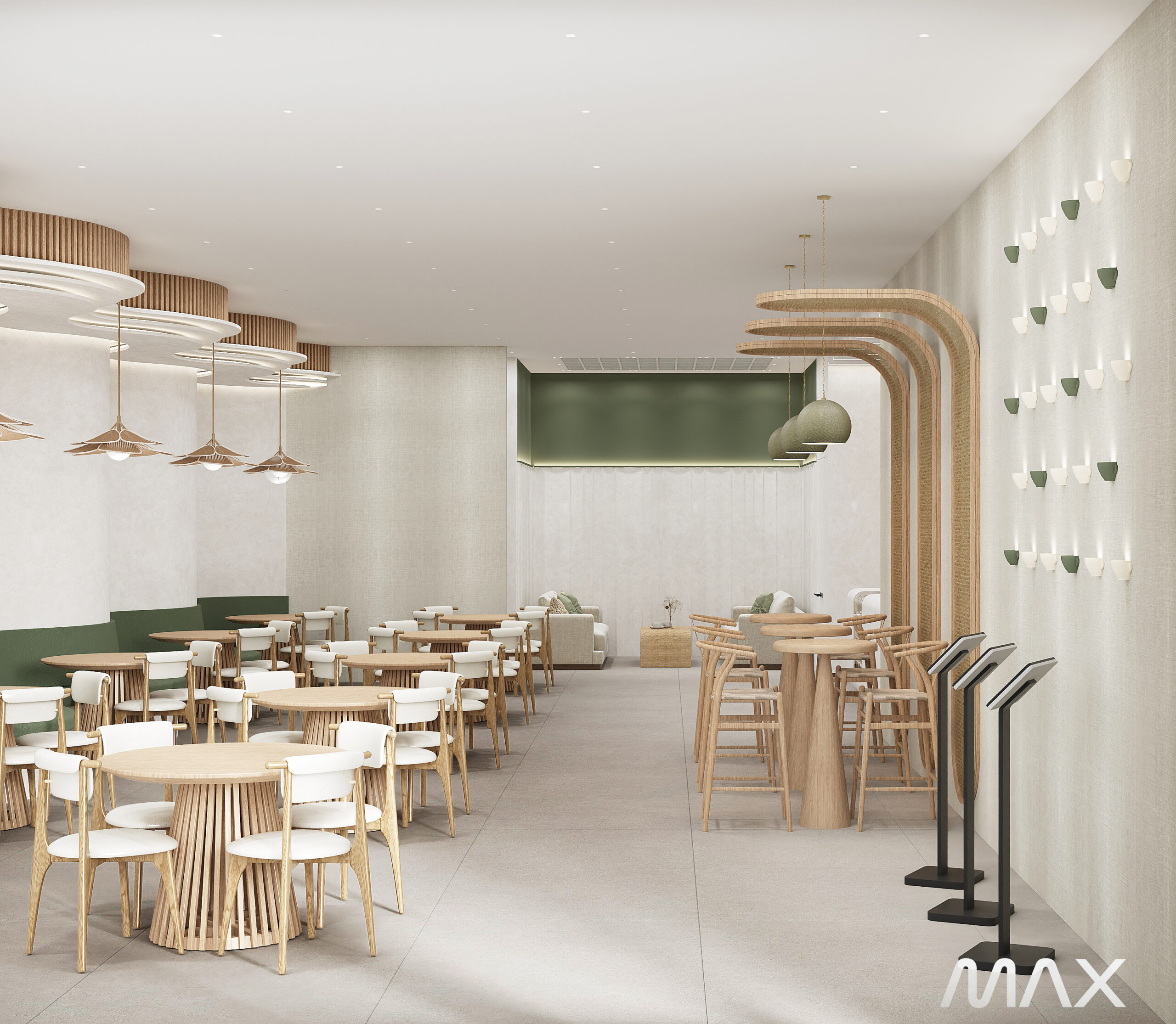 Modern restaurant interior with wooden furniture.