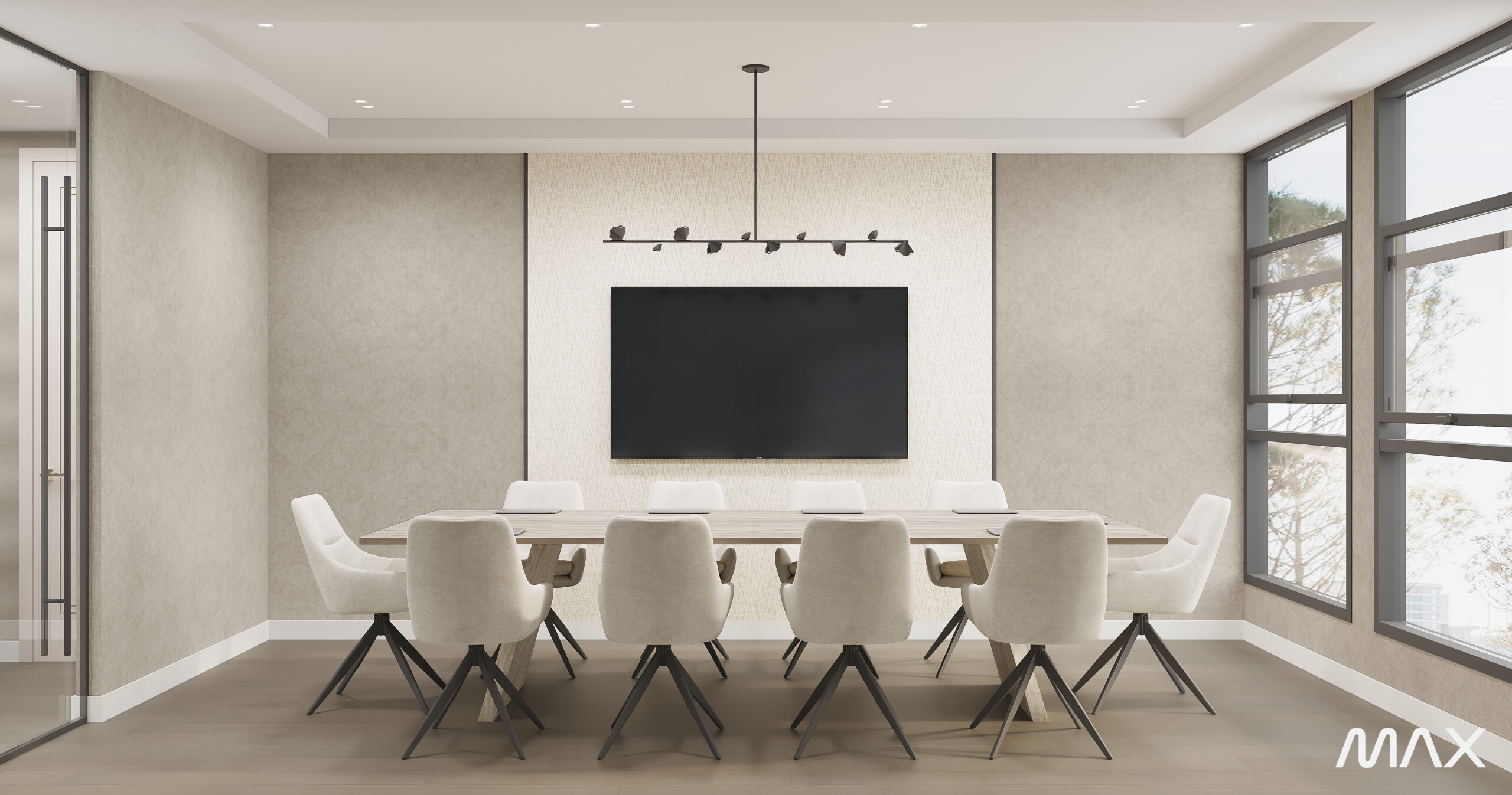 Modern conference room with chairs and screen.