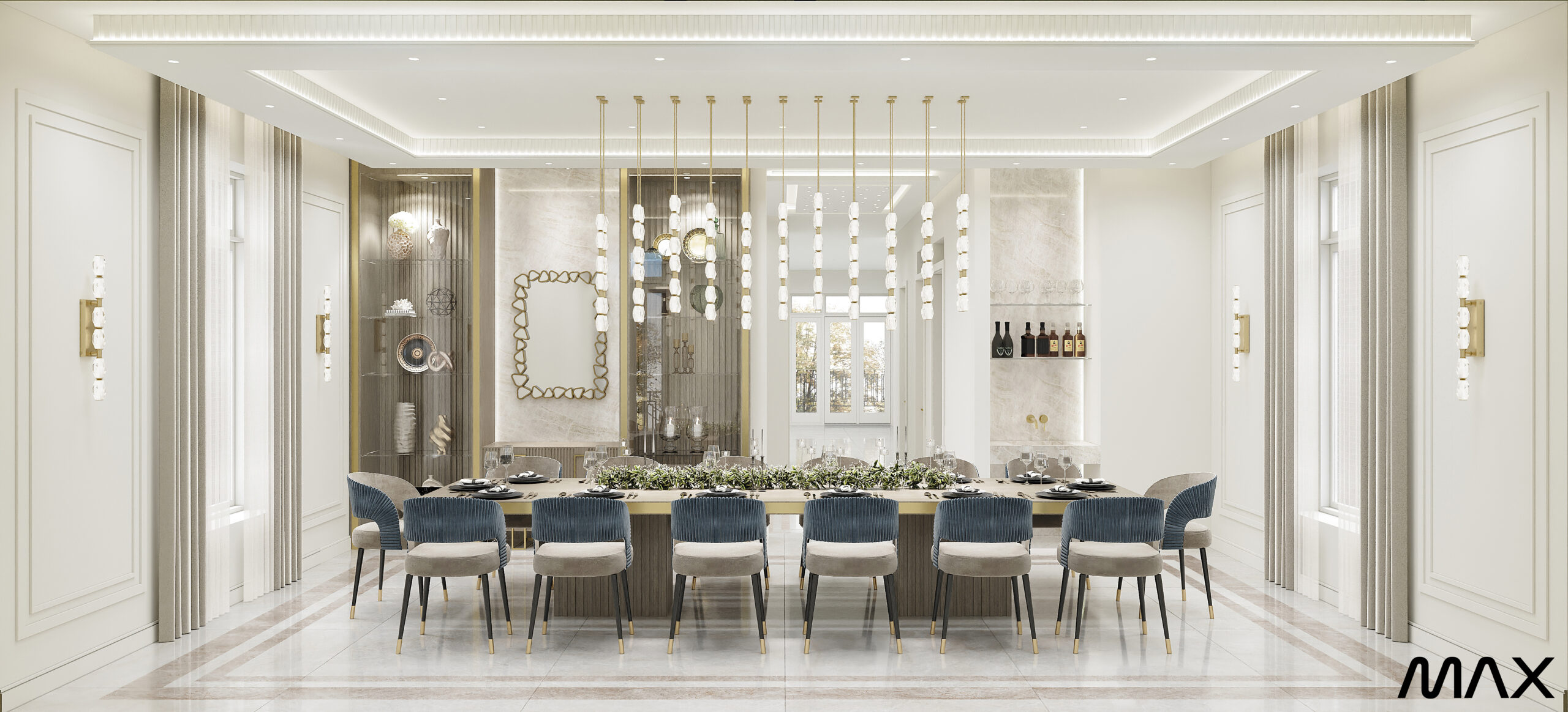 Elegant modern dining room with long table.