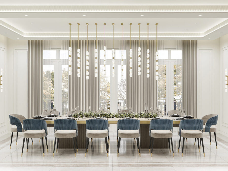 Elegant dining room with modern chandelier.
