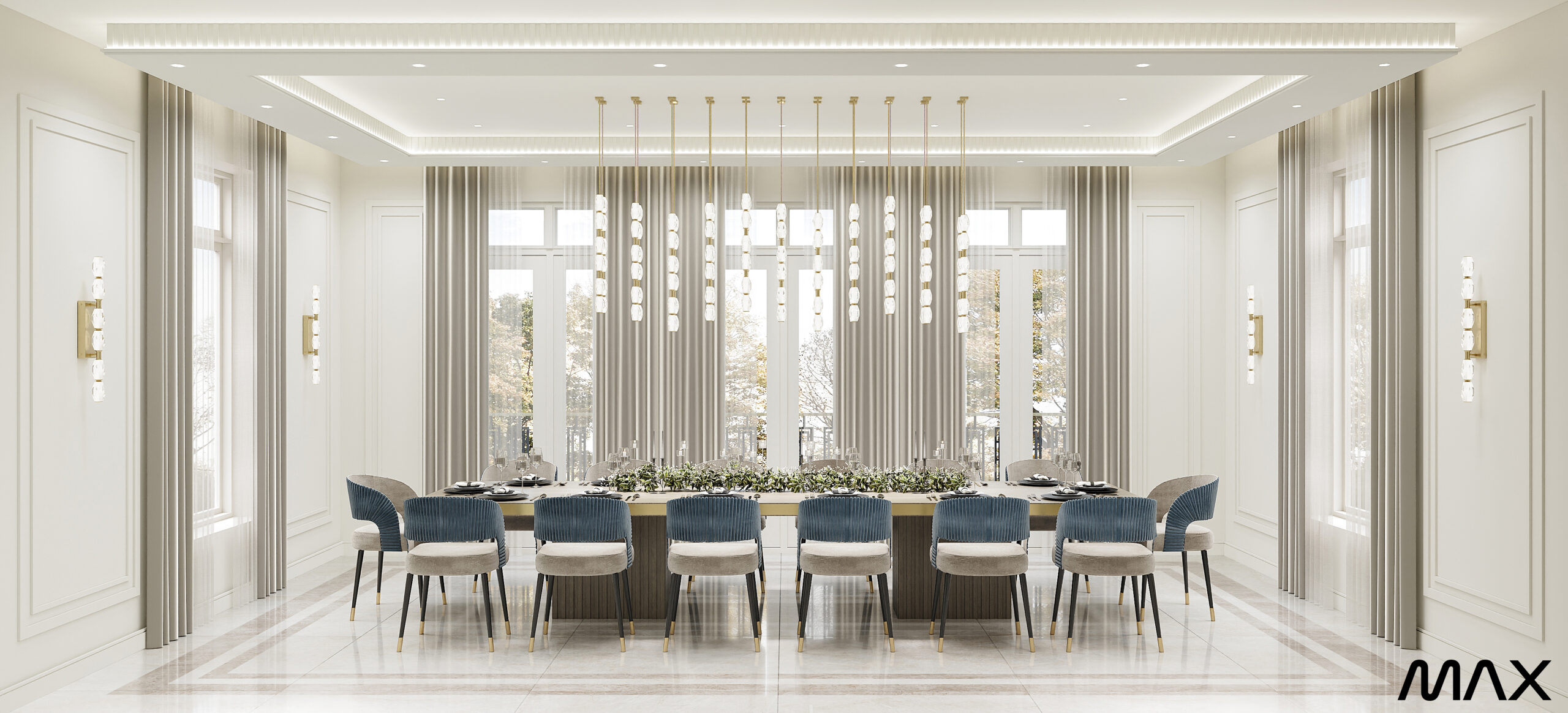 Elegant dining room with modern chandelier.