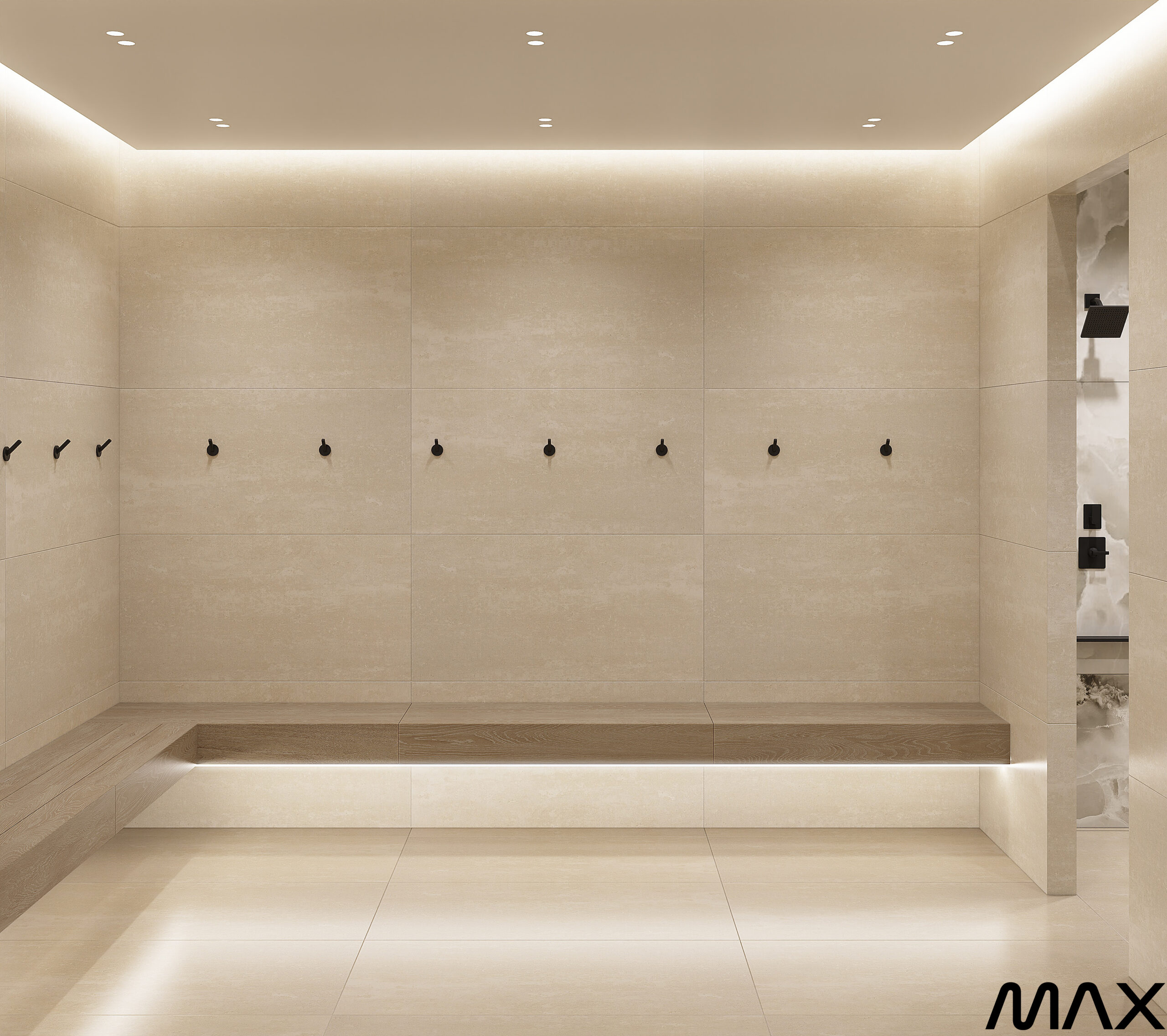 Minimalist beige locker room with bench seating.