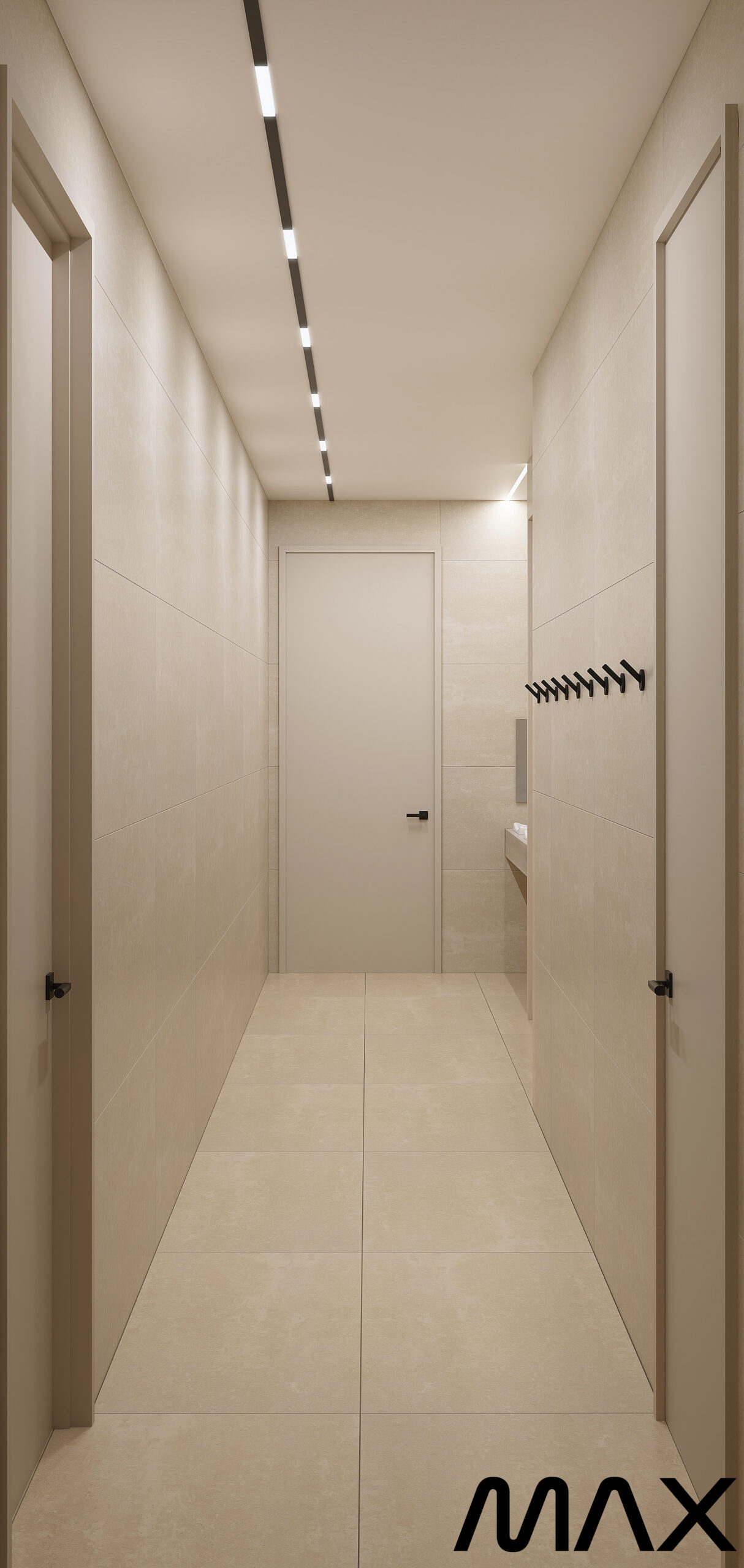 Minimalist beige hallway with closed doors.