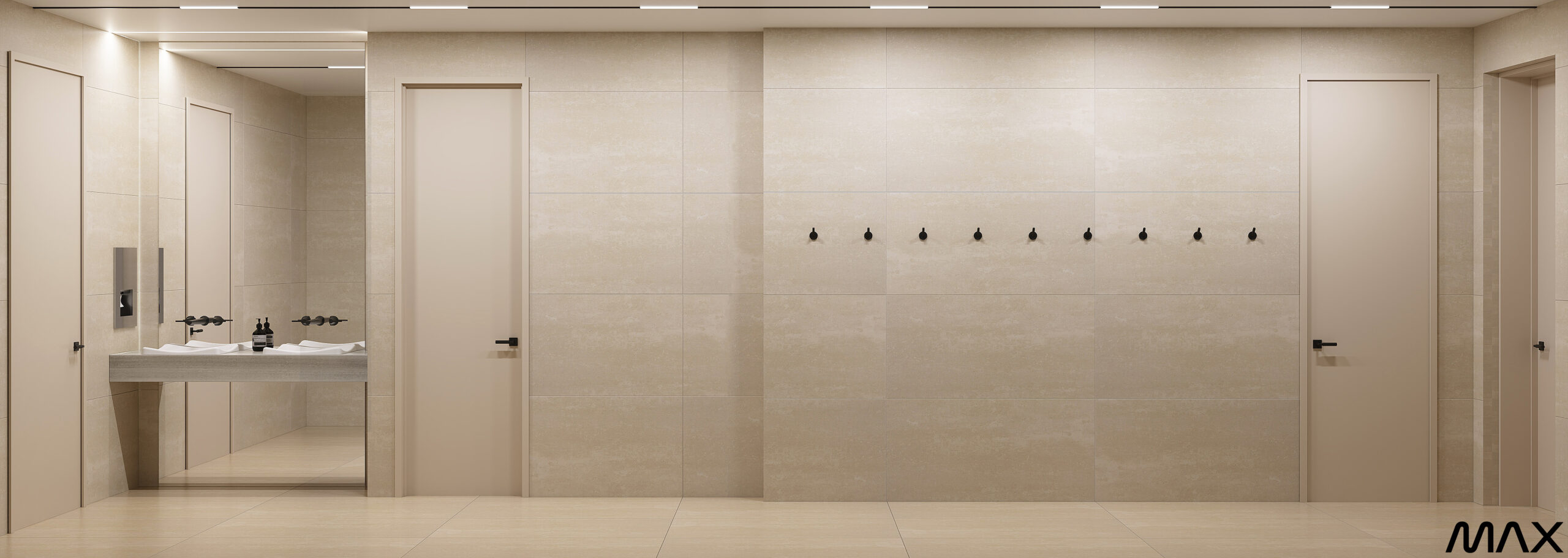 Modern restroom with beige walls and fixtures.