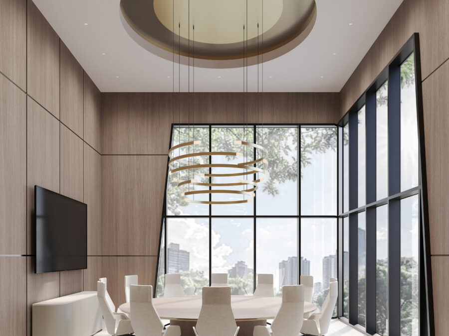 Modern conference room with large window view.